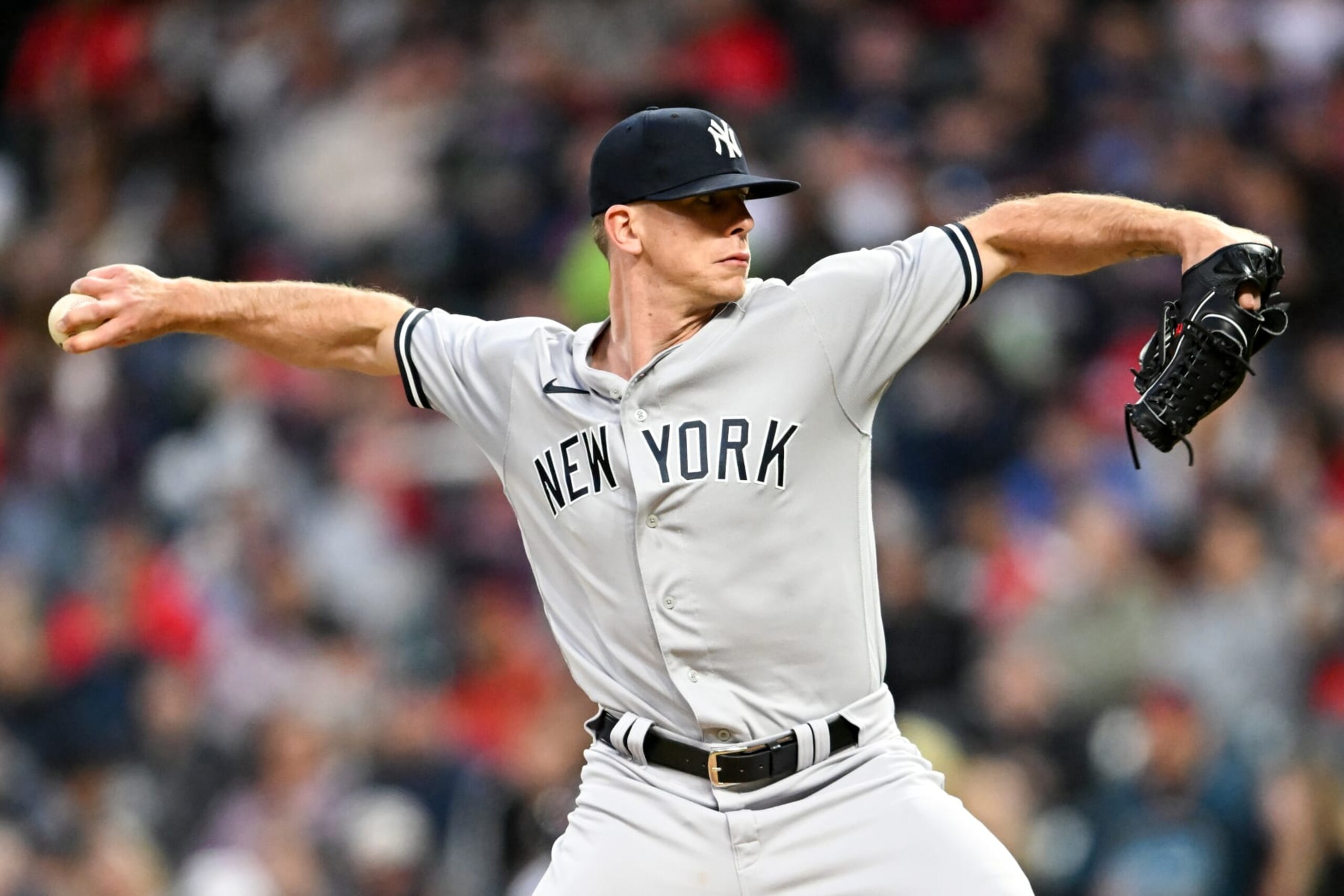 CLEVELAND, OHIO - APRIL 10, 2023: Ian Hamilton #71 of the New York Yankees throws a pitch during the seventh inning against the Cleveland Guardians at Progressive Field on April 10, 2023 in Cleveland, Ohio. (Photo by Nick Cammett/Diamond Images via Getty Images) CLEVELAND, OHIO - APRIL 10, 2023: Ian Hamilton #71 of the New York Yankees throws a pitch during the seventh inning against the Cleveland Guardians at Progressive Field on April 10, 2023 in Cleveland, Ohio. (Photo by Nick Cammett/Diamond Images via Getty Images)