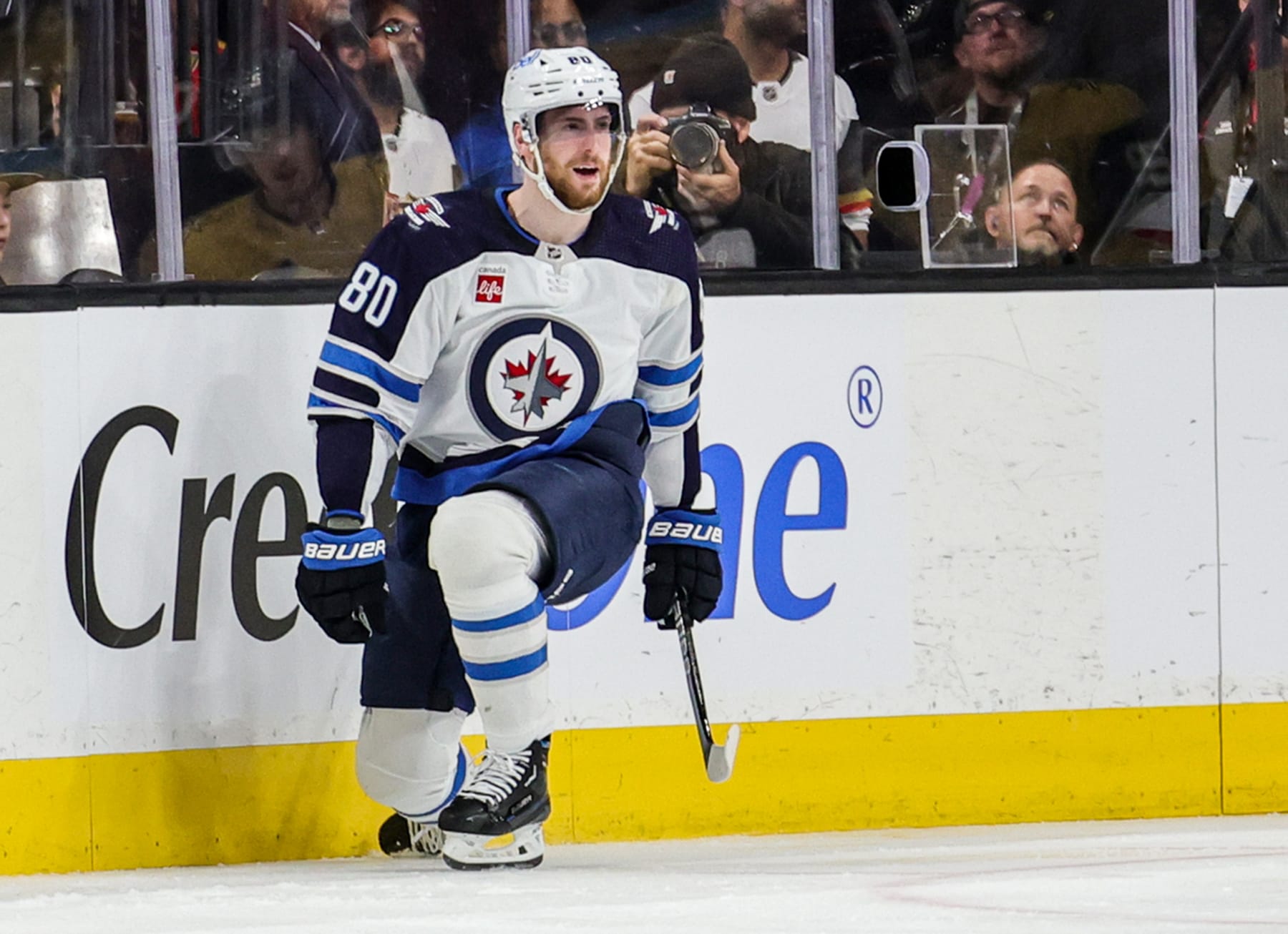 LAS VEGAS, NEVADA - APRIL 18: Pierre-Luc Dubois #80 of the Winnipeg Jets celebrates his second-period goal against the Vegas Golden Knights during of Game One of the First Round of the 2023 Stanley Cup Playoffs at T-Mobile Arena on April 18, 2023 in Las Vegas, Nevada. (Photo by Ethan Miller/Getty Images)