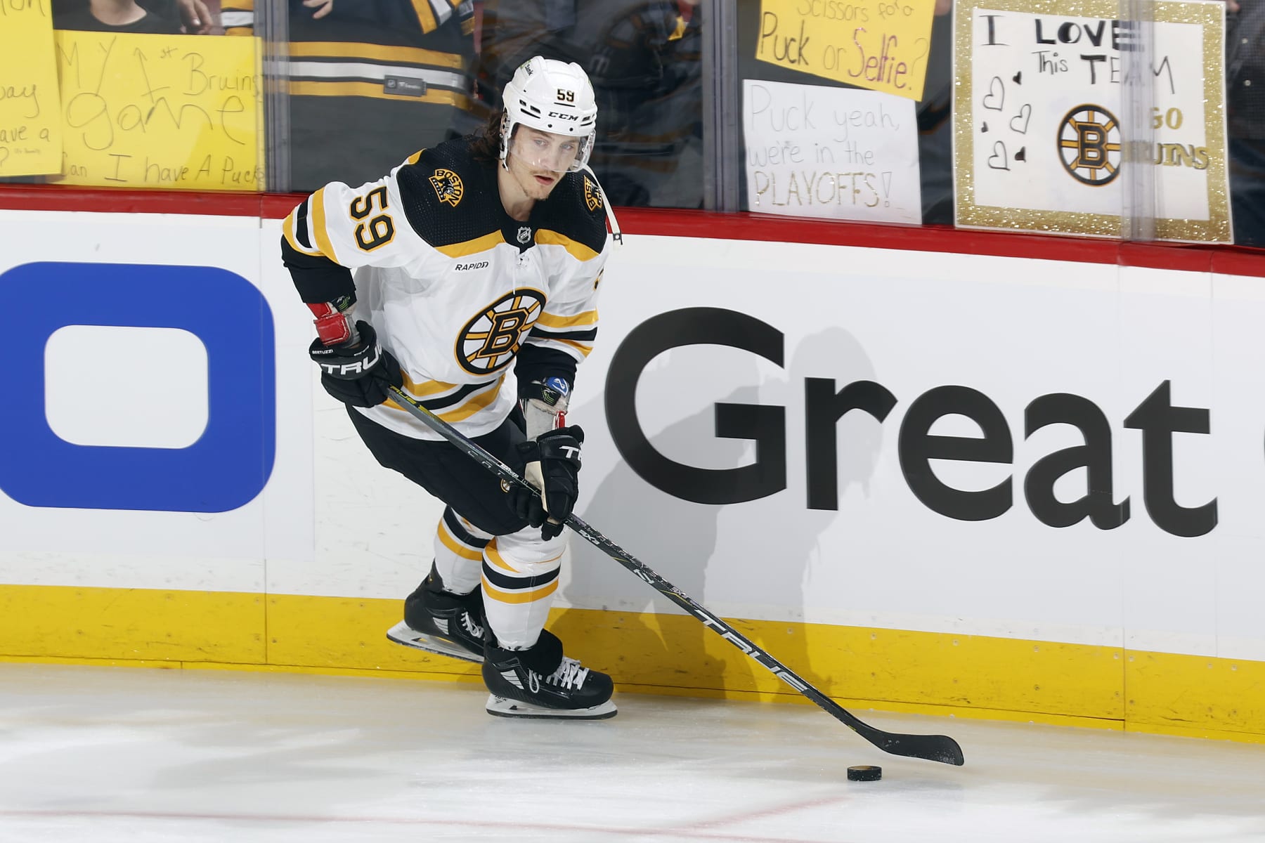 SUNRISE, FL - APRIL 21: Tyler Bertuzzi #59 of the Boston Bruins skates prior to the game against the Florida Panthers in Game Three of the First Round of the 2023 Stanley Cup Playoffs at the FLA Live Arena on April 21, 2023 in Sunrise, Florida. (Photo by Joel Auerbach/Getty Images)