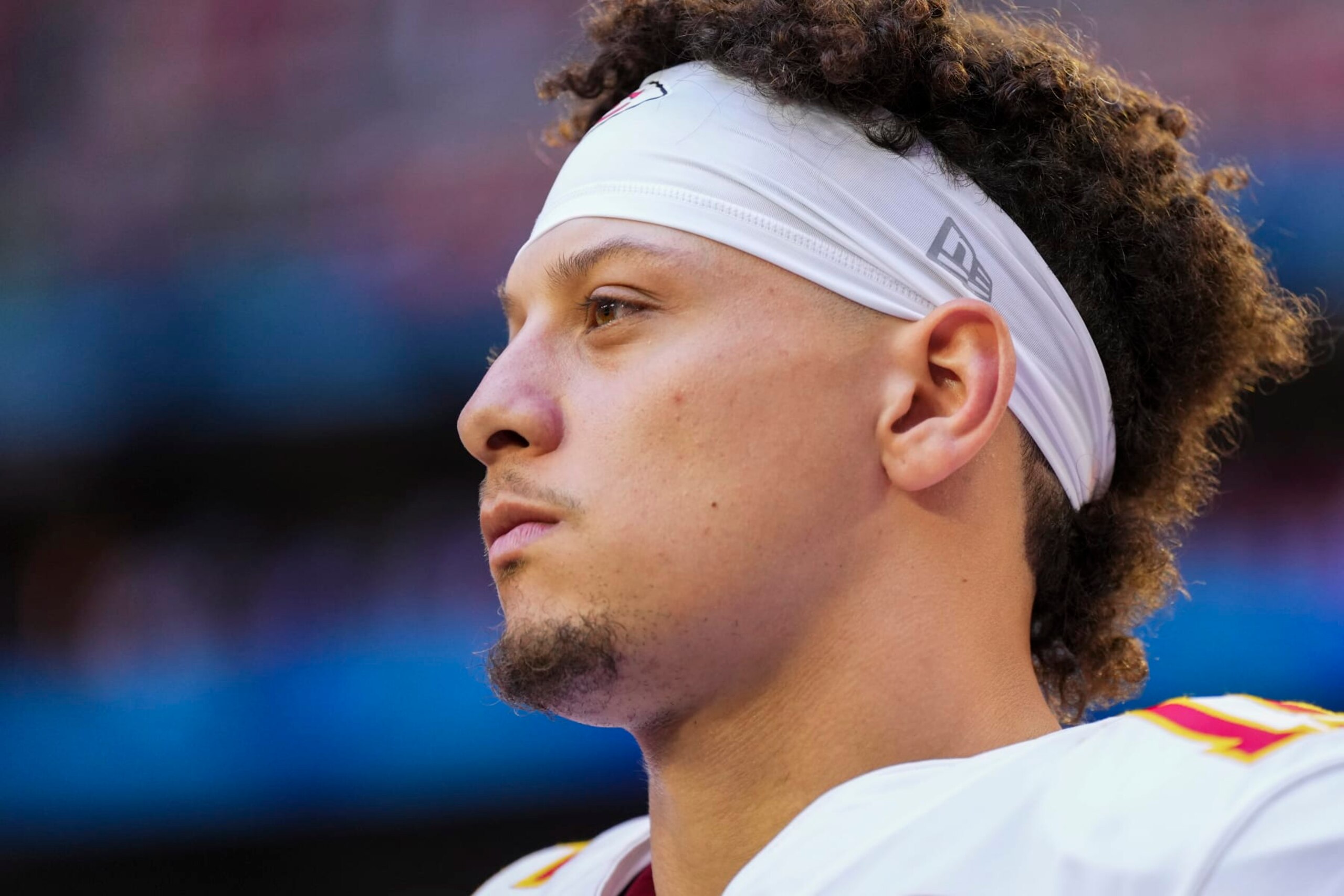 GLENDALE, AZ - FEBRUARY 12: Patrick Mahomes #15 of the Kansas City Chiefs stands during the national anthem against the Philadelphia Eagles after Super Bowl LVII at State Farm Stadium on February 12, 2023 in Glendale, Arizona. The Chiefs defeated the Eagles 38-35. (Photo by Cooper Neill/Getty Images)
