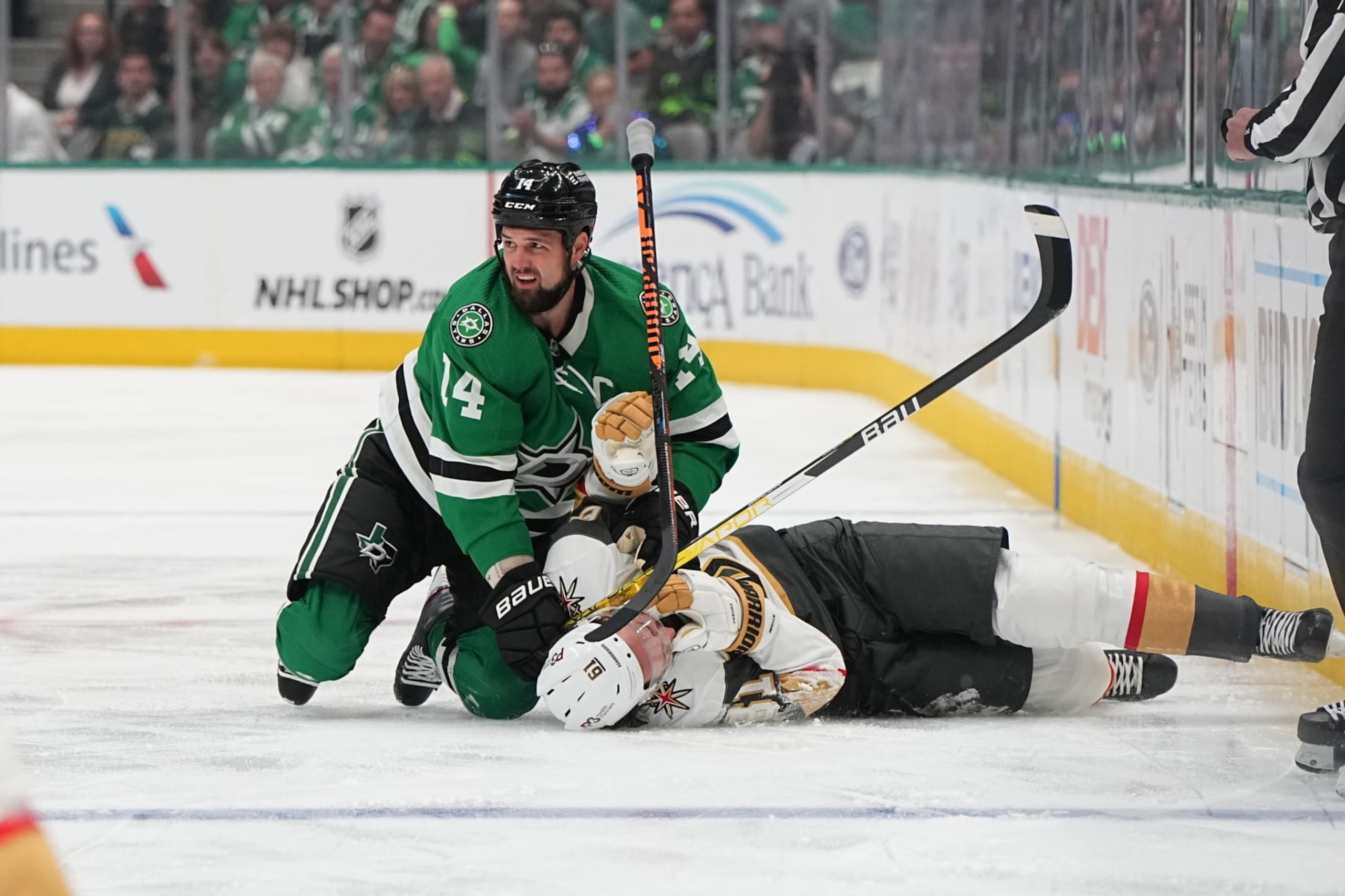 DALLAS, TX - MAY 23: Jamie Benn #14 of the Dallas Stars delivers a hit against Mark Stone #61 of the Vegas Golden Knights in Game Three of the Conference Final of the 2023 Stanley Cup Playoffs at the American Airlines Center on May 23, 2023 in Dallas, Texas. (Photo by Glenn James/NHLI via Getty Images) DALLAS, TX - MAY 23: Jamie Benn #14 of the Dallas Stars delivers a hit against Mark Stone #61 of the Vegas Golden Knights in Game Three of the Conference Final of the 2023 Stanley Cup Playoffs at the American Airlines Center on May 23, 2023 in Dallas, Texas. (Photo by Glenn James/NHLI via Getty Images)