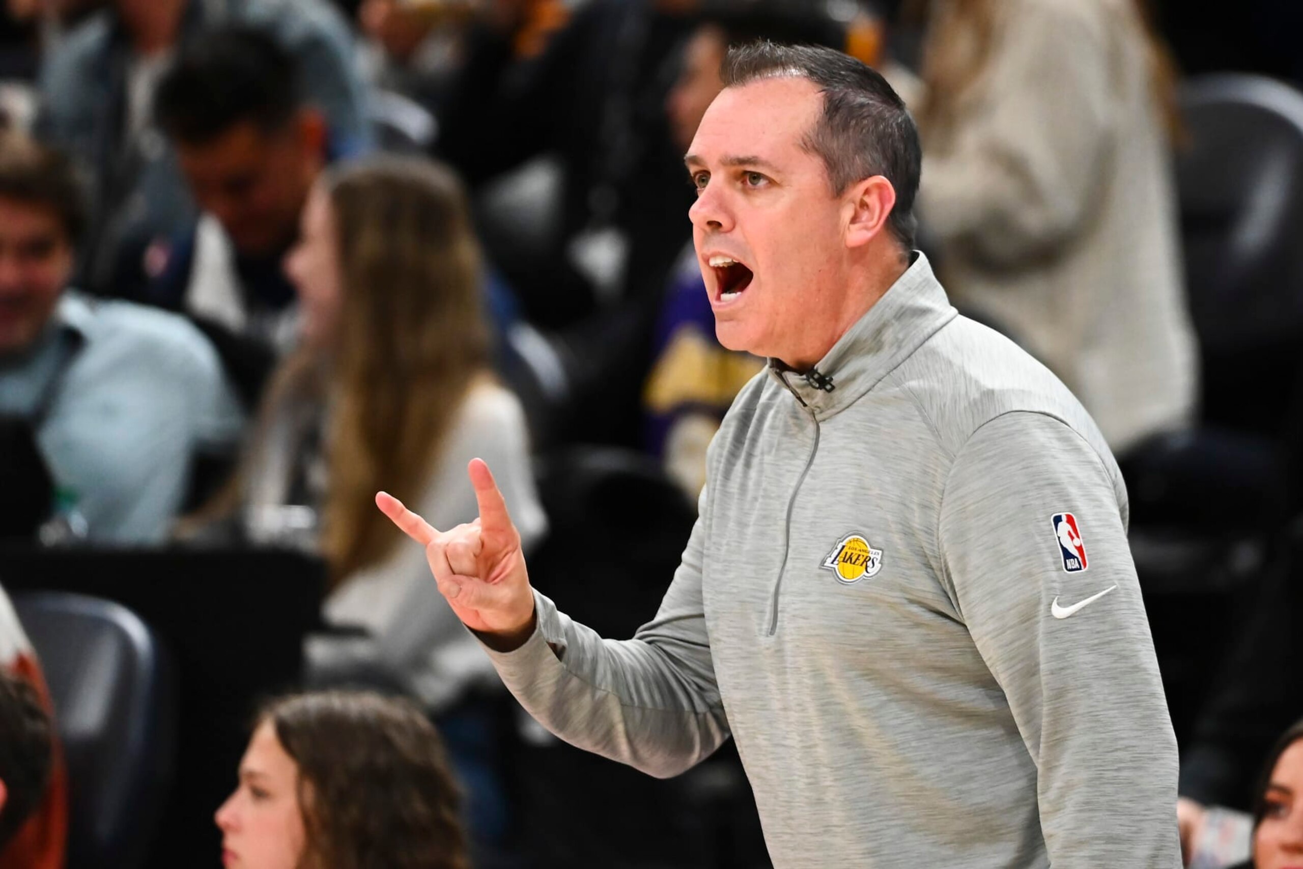 SALT LAKE CITY, UTAH - MARCH 31:  Head coach Frank Vogel of the Los Angeles Lakers looks on during the second half against the Utah Jazz at Vivint Smart Home Arena on March 31, 2022 in Salt Lake City, Utah. NOTE TO USER: User expressly acknowledges and agrees that, by downloading and or using this photograph, User is consenting to the terms and conditions of the Getty Images License Agreement. (Photo by Alex Goodlett/Getty Images)