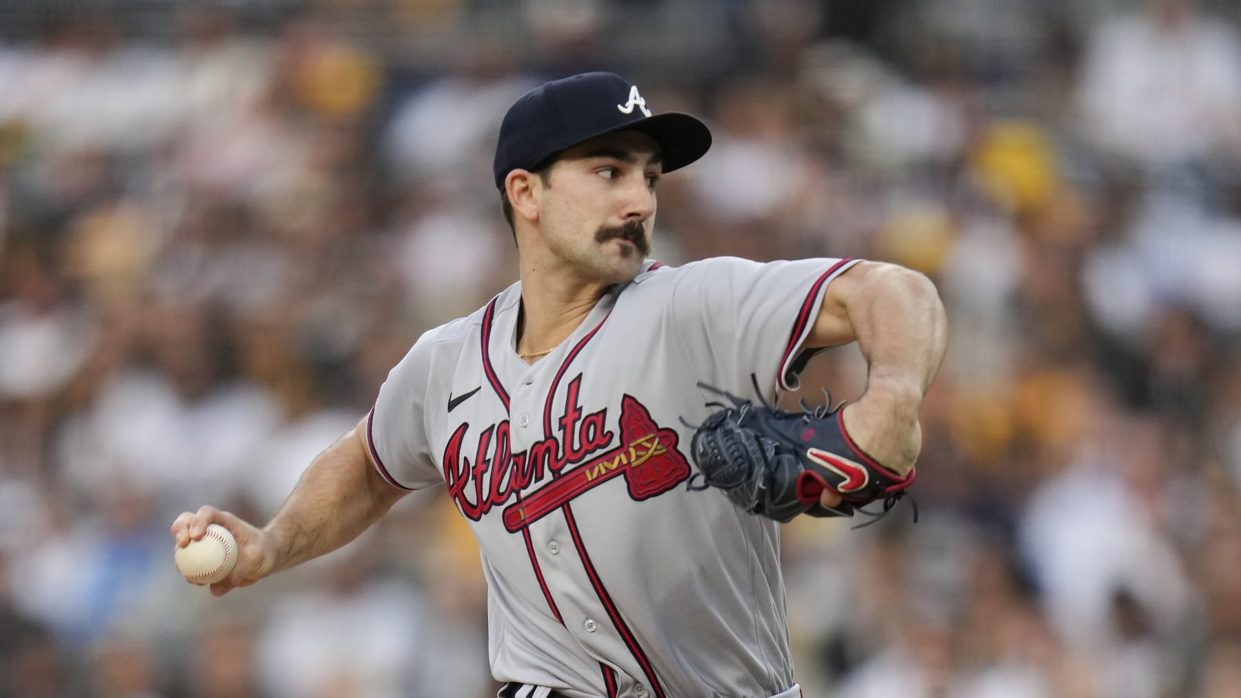 Atlanta Braves starting pitcher Spencer Strider works against a San Diego Padres batter during the first inning of a baseball game Tuesday, April 18, 2023, in San Diego. (AP Photo/Gregory Bull)
