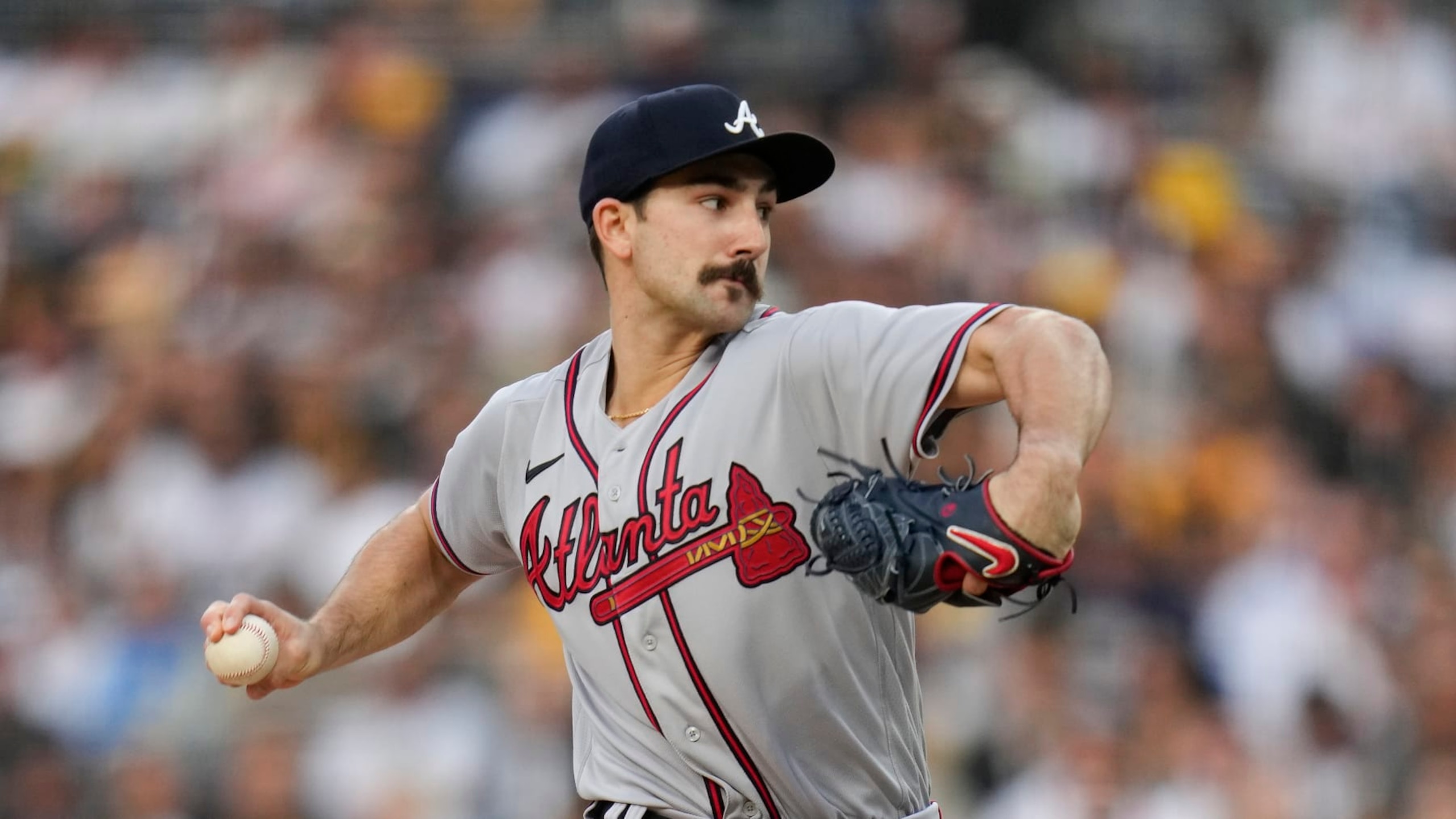 Atlanta Braves starting pitcher Spencer Strider works against a San Diego Padres batter during the first inning of a baseball game Tuesday, April 18, 2023, in San Diego. (AP Photo/Gregory Bull)