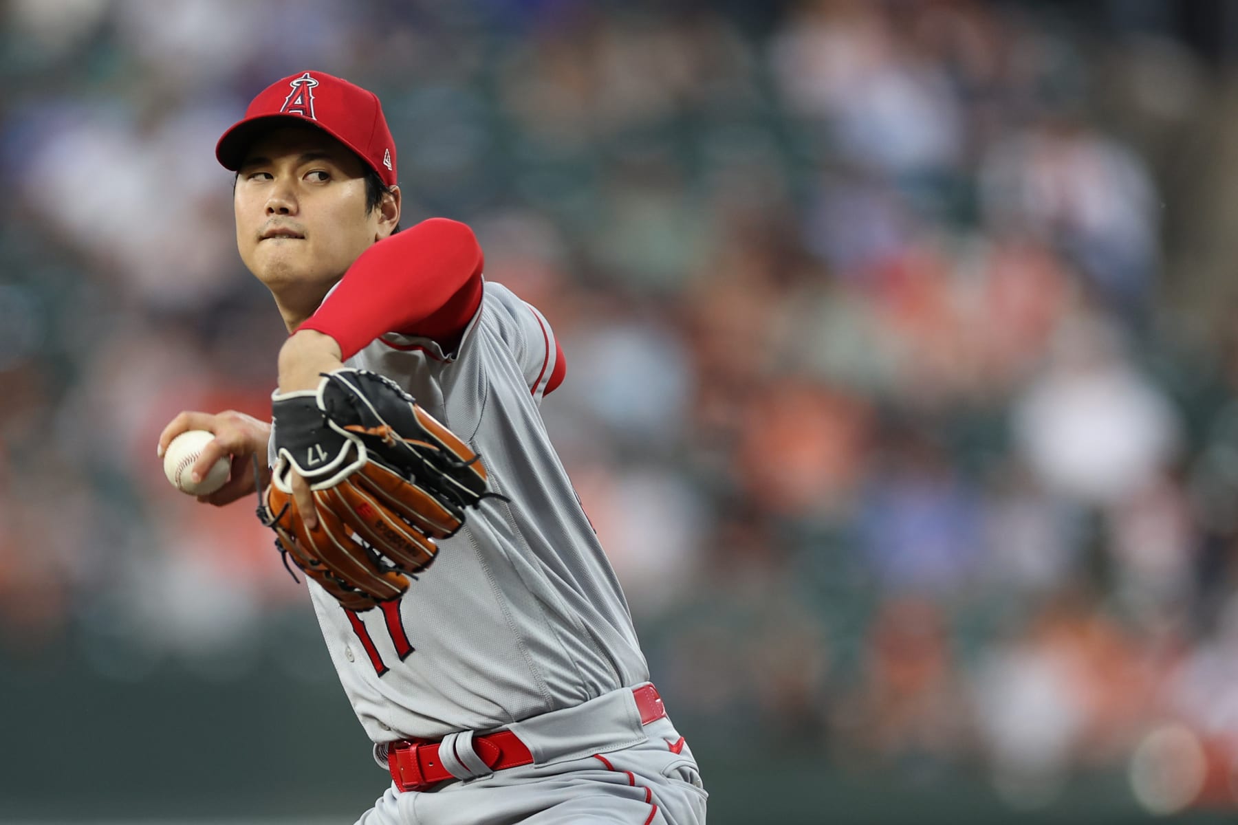 BALTIMORE, MARYLAND - MAY 15: Starting pitcher Shohei Ohtani #17 of the Los Angeles Angels pitches in the fourth inning against the Baltimore Orioles at Oriole Park at Camden Yards on May 15, 2023 in Baltimore, Maryland. (Photo by Patrick Smith/Getty Images)