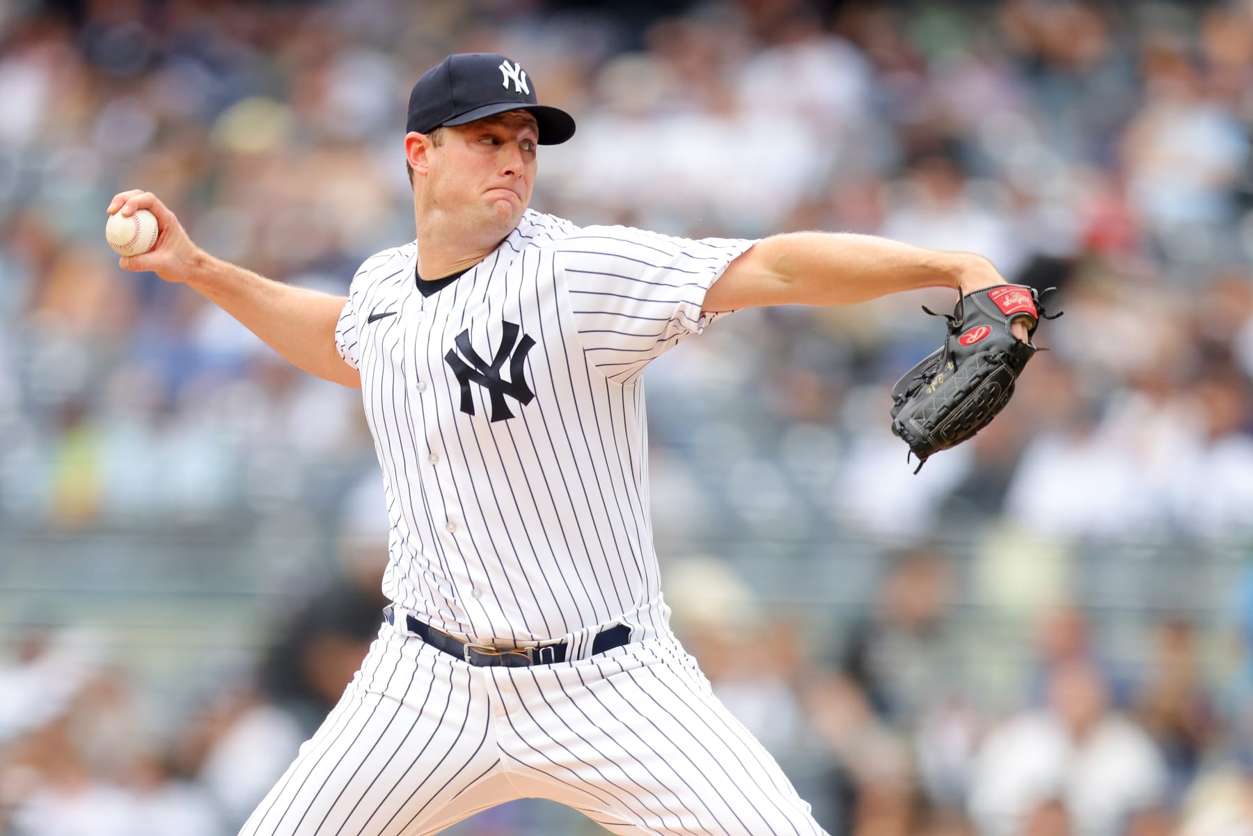 NEW YORK, NEW YORK - APRIL 16: Gerrit Cole #45 of the New York Yankees pitches in the first inning against the Minnesota Twins at Yankee Stadium on April 16, 2023 in the Bronx, New York. (Photo by Mike Stobe/Getty Images)