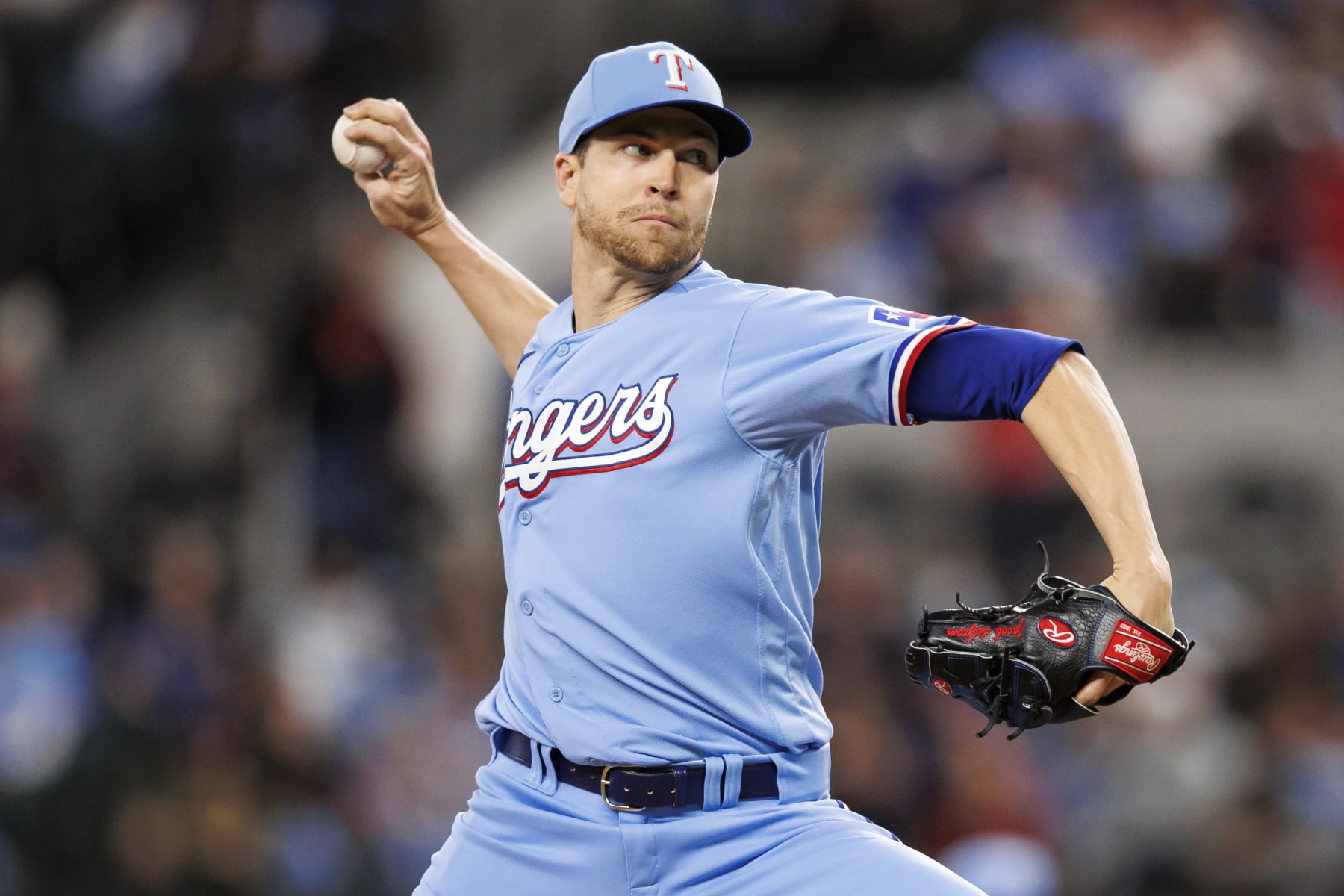 ARLINGTON, TX - APRIL 23: Jacob deGrom #48 of the Texas Rangers delivers a pitch during a game against the Oakland Athletics at Globe Life Field on April 23, 2023 in Arlington, Texas. (Photo by Bailey Orr/Texas Rangers/Getty Images)