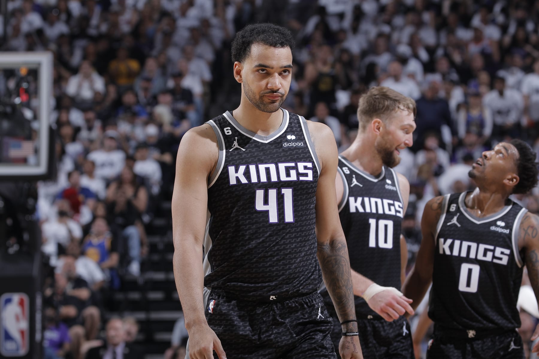 SACRAMENTO, CA - APRIL 30: Trey Lyles #41 of the Sacramento Kings looks on during the game against the Golden State Warriors during Round 1 Game 7 of the 2023 NBA Playoffs on April 30, 2023 at Golden 1 Center in Sacramento, California. NOTE TO USER: User expressly acknowledges and agrees that, by downloading and or using this photograph, User is consenting to the terms and conditions of the Getty Images Agreement. Mandatory Copyright Notice: Copyright 2023 NBAE (Photo by Rocky Widner/NBAE via Getty Images)