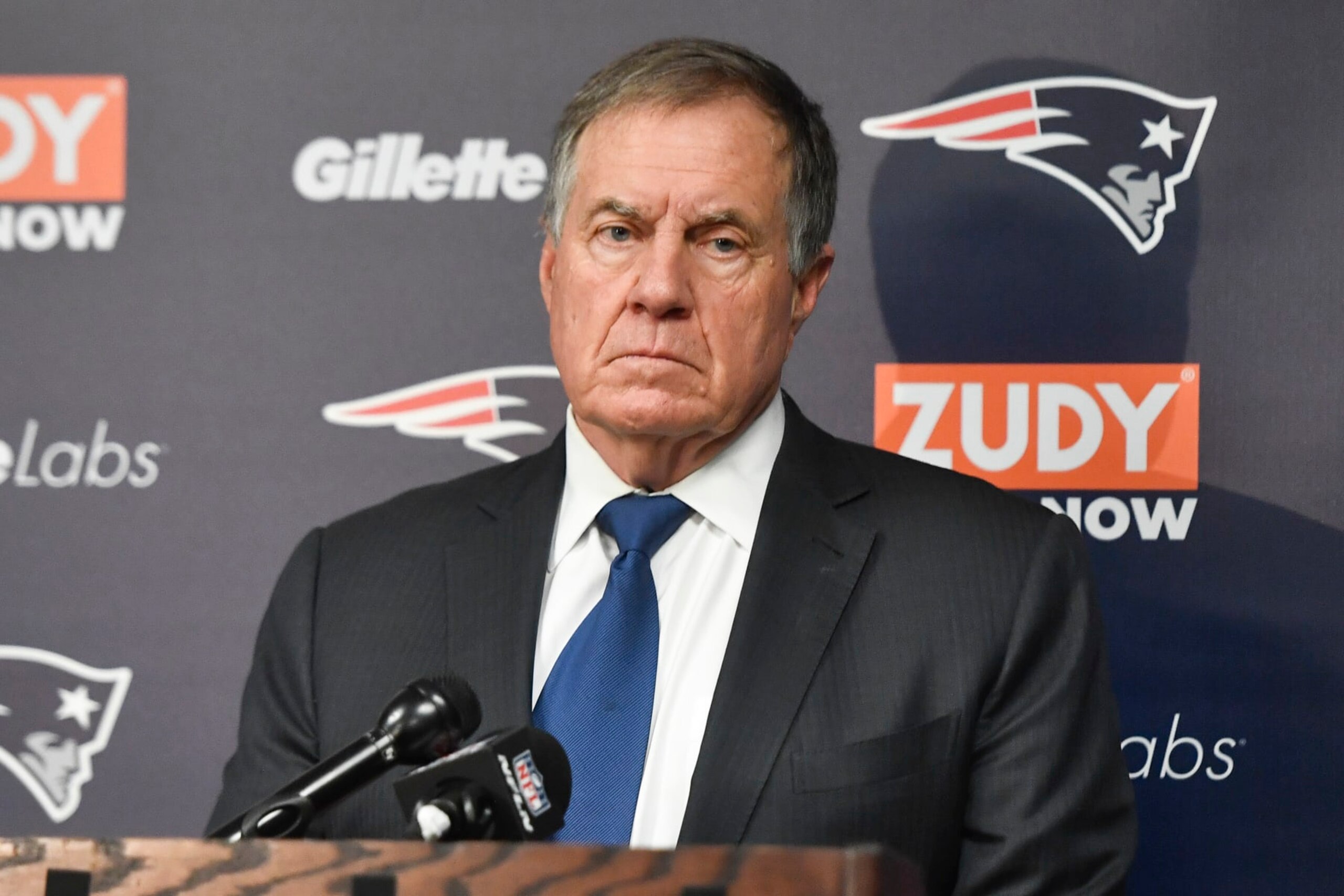 New England Patriots head coach Bill Belichick attends a news conference after their NFL football game against the Buffalo Bills, Sunday, Jan. 8, 2023, in Orchard Park. (AP Photo/Adrian Kraus)