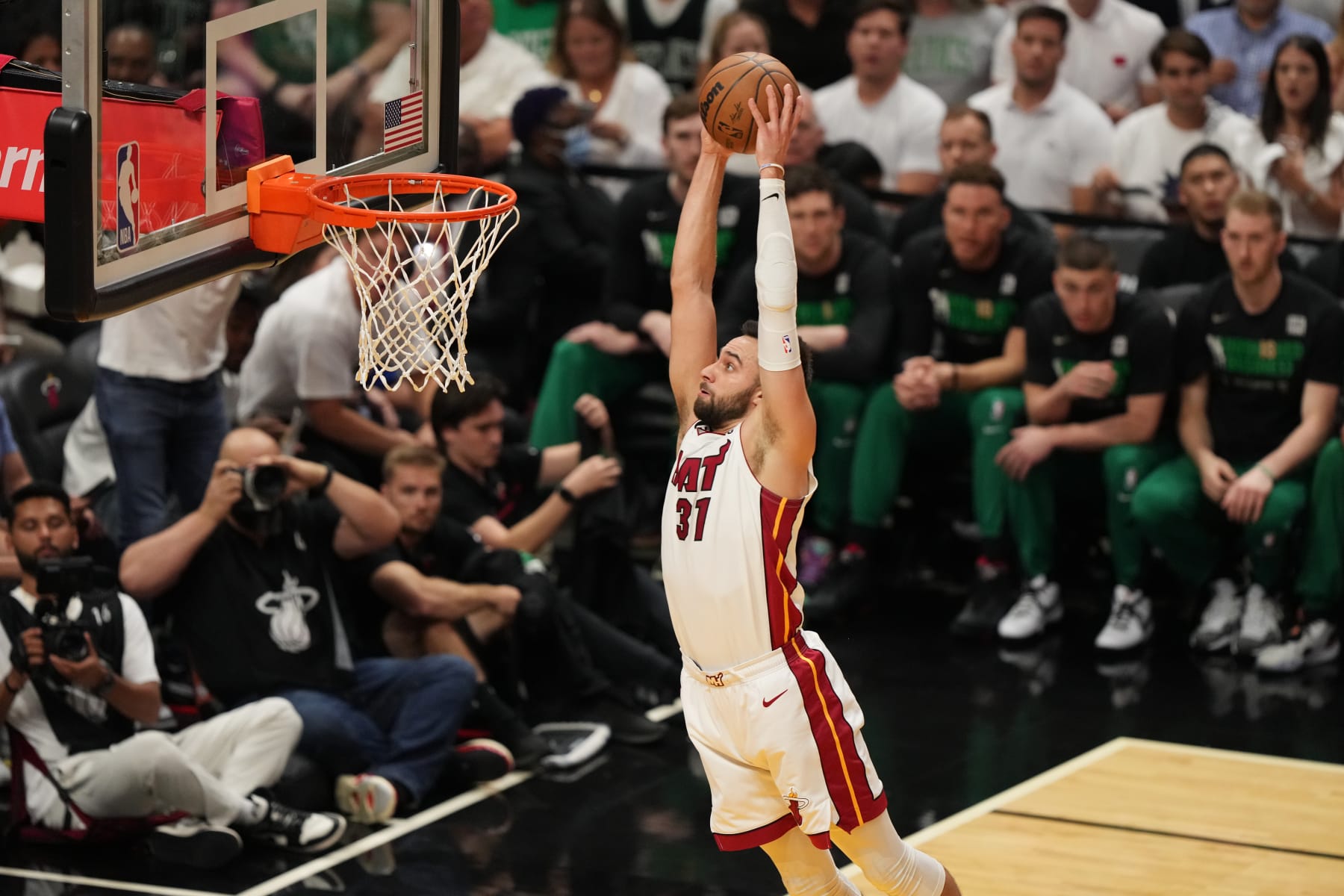MIAMI, FL - MAY 23: Max Strus #31 of the Miami Heat drives to the basket during round 3 game 4 of the Eastern Conference finals 2023 NBA Playoffs against the Boston Celtics on May 23, 2023 at Kaseya Center in Miami, Florida. NOTE TO USER: User expressly acknowledges and agrees that, by downloading and or using this Photograph, user is consenting to the terms and conditions of the Getty Images License Agreement. Mandatory Copyright Notice: Copyright 2023 NBAE (Photo by Eric Espada/NBAE via Getty Images)