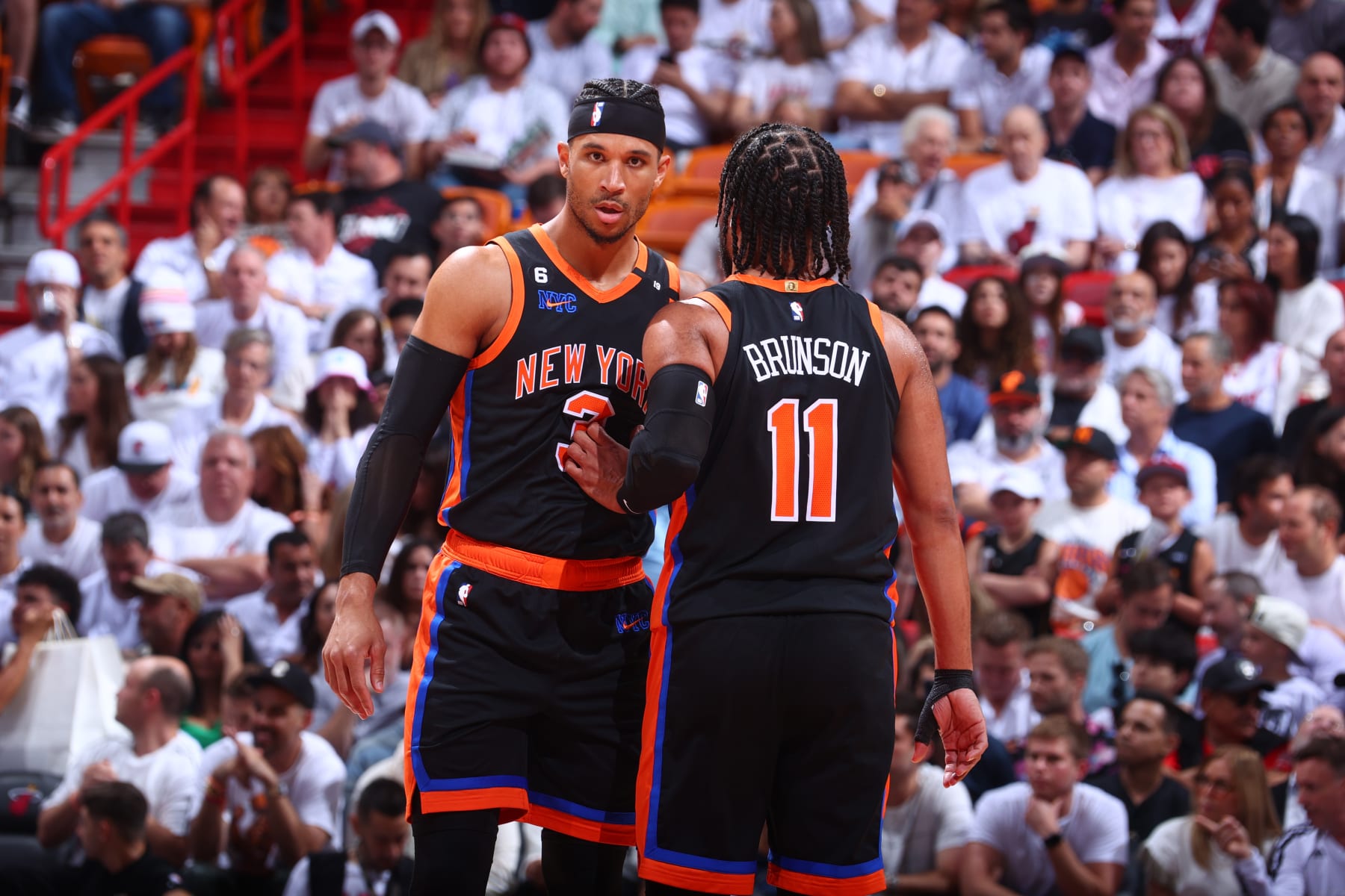 MIAMI, FL - MAY 8: Josh Hart #3 and Jalen Brunson #11 of the New York Knicks during Game Four of the Eastern Conference Semi-Finals of the 2023 NBA Playoffs against the Miami Heat on May 8, 2023 at Miami-Dade Arena in Miami, Florida. NOTE TO USER: User expressly acknowledges and agrees that, by downloading and or using this Photograph, user is consenting to the terms and conditions of the Getty Images License Agreement. Mandatory Copyright Notice: Copyright 2023 NBAE (Photo by Nathaniel S. Butler/NBAE via Getty Images)