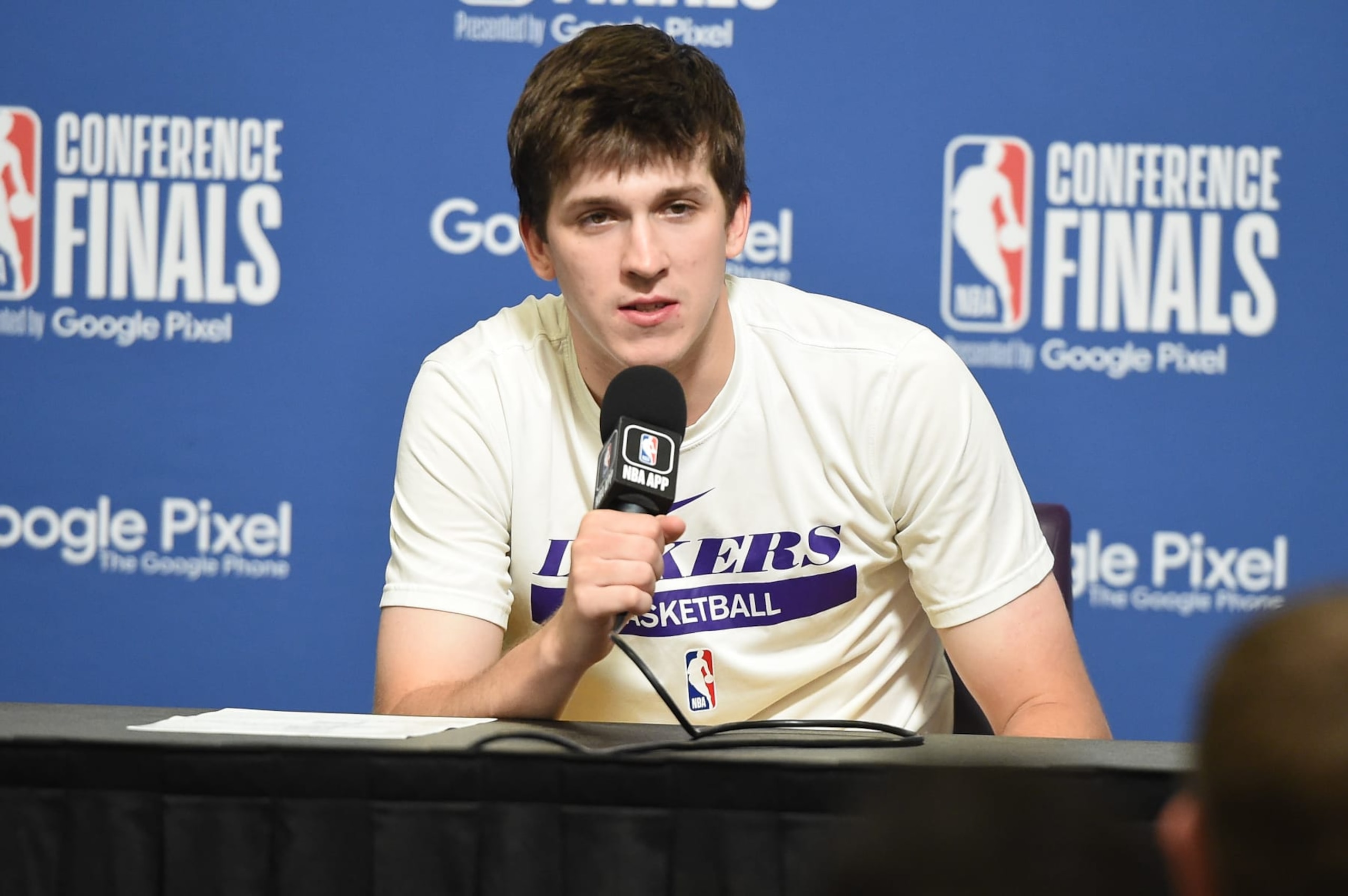 LOS ANGELES, CA - MAY 22: Austin Reaves #15 of the Los Angeles Lakers speaks to the media after Round 3 Game 4 of the Western Conference Finals 2023 NBA Playoffs against the Denver Nuggets on May 22, 2023 at Crypto.Com Arena in Los Angeles, California. NOTE TO USER: User expressly acknowledges and agrees that, by downloading and/or using this Photograph, user is consenting to the terms and conditions of the Getty Images License Agreement. Mandatory Copyright Notice: Copyright 2023 NBAE (Photo by Andrew D. Bernstein/NBAE via Getty Images)