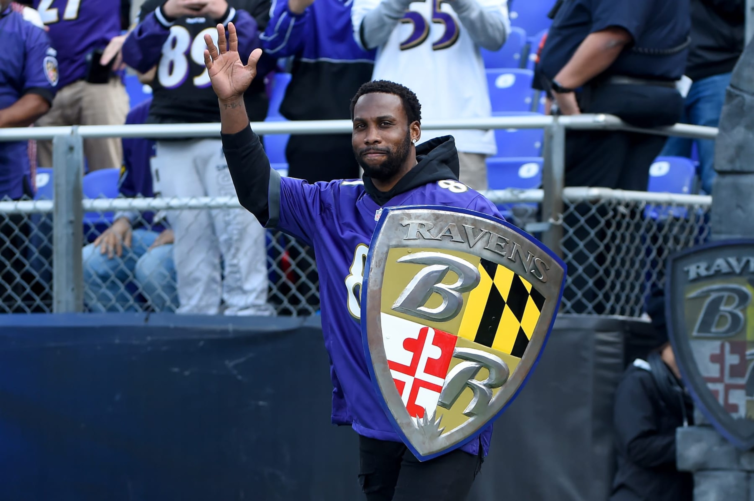 BALTIMORE, MD - OCTOBER 13: Anquan Boldin #81 of the Baltimore Ravens announces his retirement prior to the game against the Cincinnati Bengals at M&T Bank Stadium on October 13, 2019 in Baltimore, Maryland. (Photo by Will Newton/Getty Images)