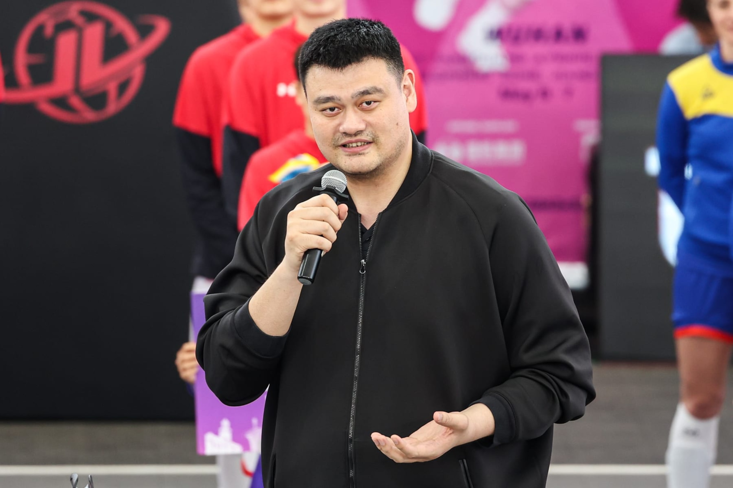 WUHAN, CHINA - MAY 6: Yao Ming president of the Chinese Basketball Association speaks as he attends the opening ceremony during the FIBA 3x3 Women’s Series Wuhan Stop 2023 at Wuhan Jiangxia Shengfan Sports Park on May 6, 2023 in Wuhan, China. (Photo by Wang He/Getty Images)