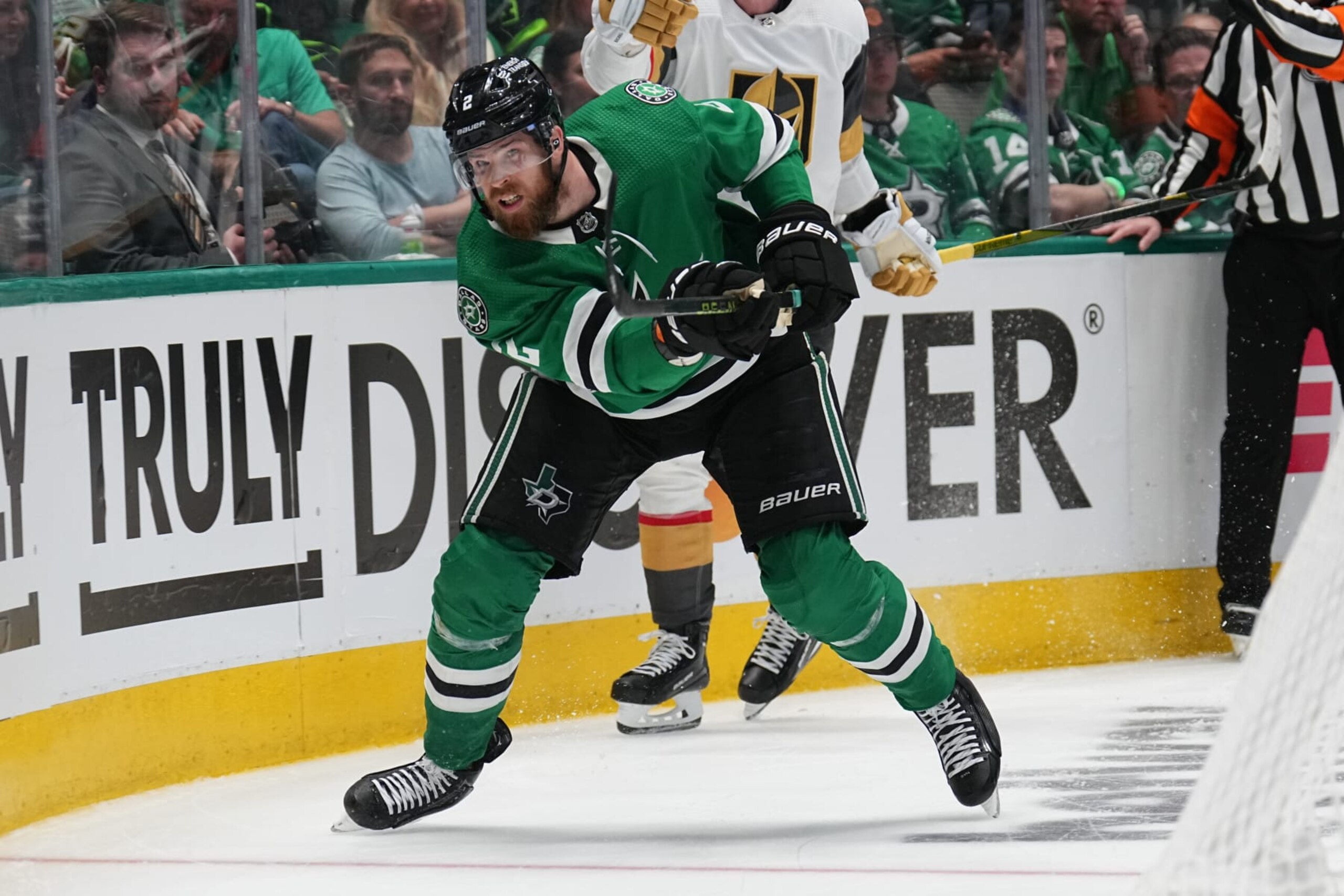 DALLAS, TX - MAY 23: Jani Hakanpää #2 of the Dallas Stars skates against the Vegas Golden Knights in Game Three of the Conference Final of the 2023 Stanley Cup Playoffs at the American Airlines Center on May 23, 2023 in Dallas, Texas. (Photo by Glenn James/NHLI via Getty Images)