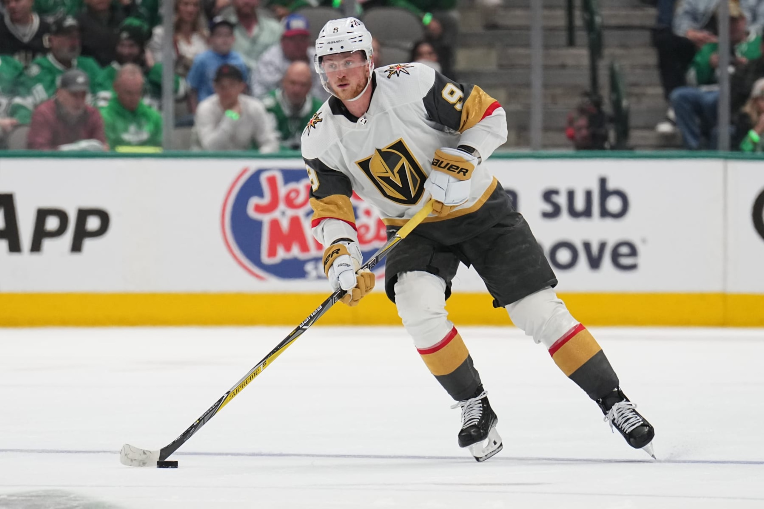 DALLAS, TX - MAY 23: Jack Eichel #9 of the Vegas Golden Knights handles the puck against the Dallas Stars in Game Three of the Conference Final of the 2023 Stanley Cup Playoffs at the American Airlines Center on May 23, 2023 in Dallas, Texas. (Photo by Glenn James/NHLI via Getty Images)