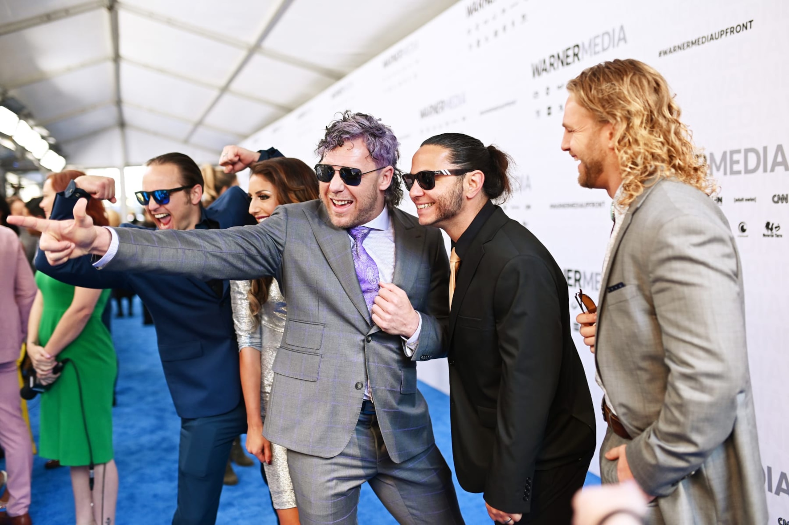 NEW YORK, NEW YORK - MAY 15: Matt Jackson, Britt Baker, Kenny Omega, Nick Jackson and "Hangman" Adam Page of TNT’s All Elite Wrestling attends the WarnerMedia Upfront 2019 arrivals on the red carpet at The Theater at Madison Square Garden on May 15, 2019 in New York City. 602140 (Photo by Mike Coppola/Getty Images for WarnerMedia)