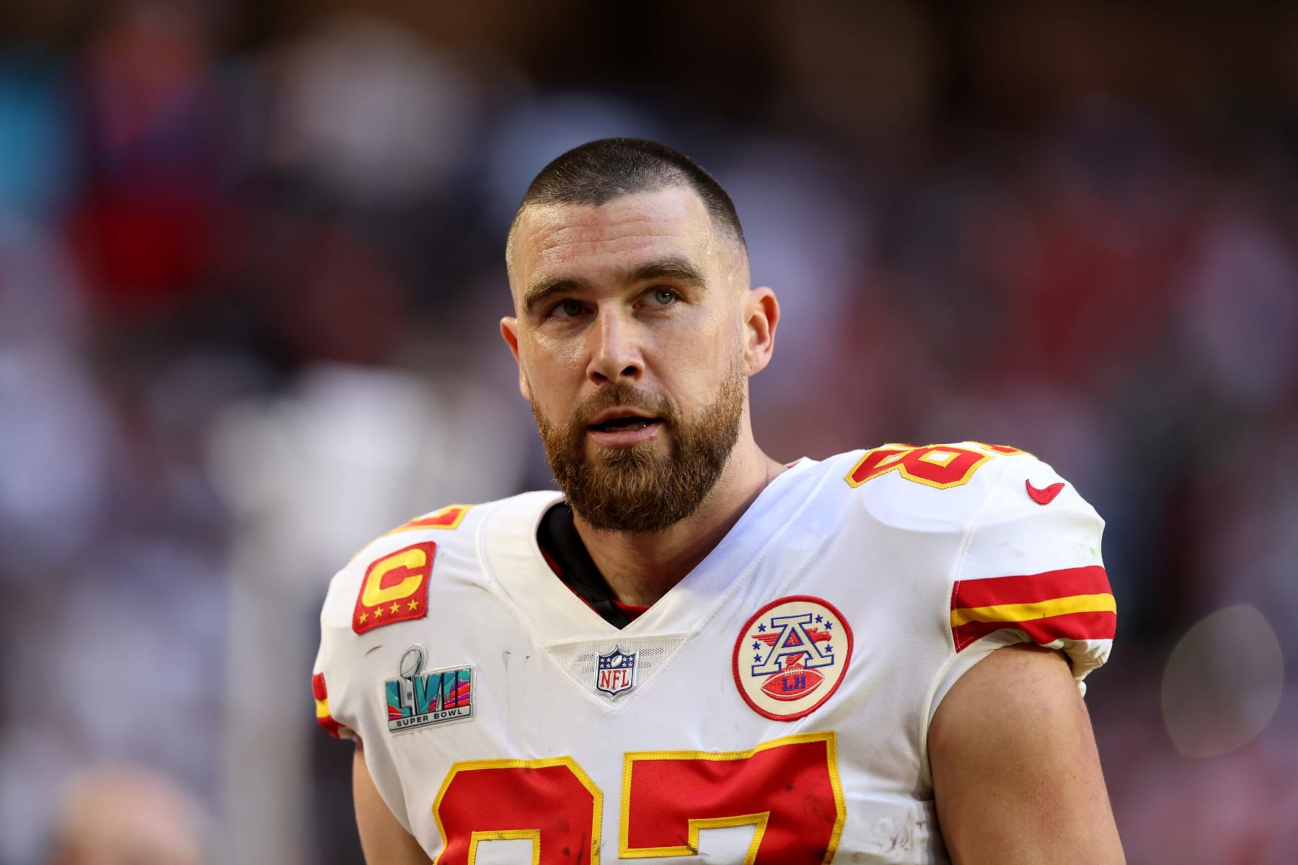 GLENDALE, ARIZONA - FEBRUARY 12: Travis Kelce #87 of the Kansas City Chiefs looks on against the Philadelphia Eagles during the first quarter in Super Bowl LVII at State Farm Stadium on February 12, 2023 in Glendale, Arizona. (Photo by Christian Petersen/Getty Images)