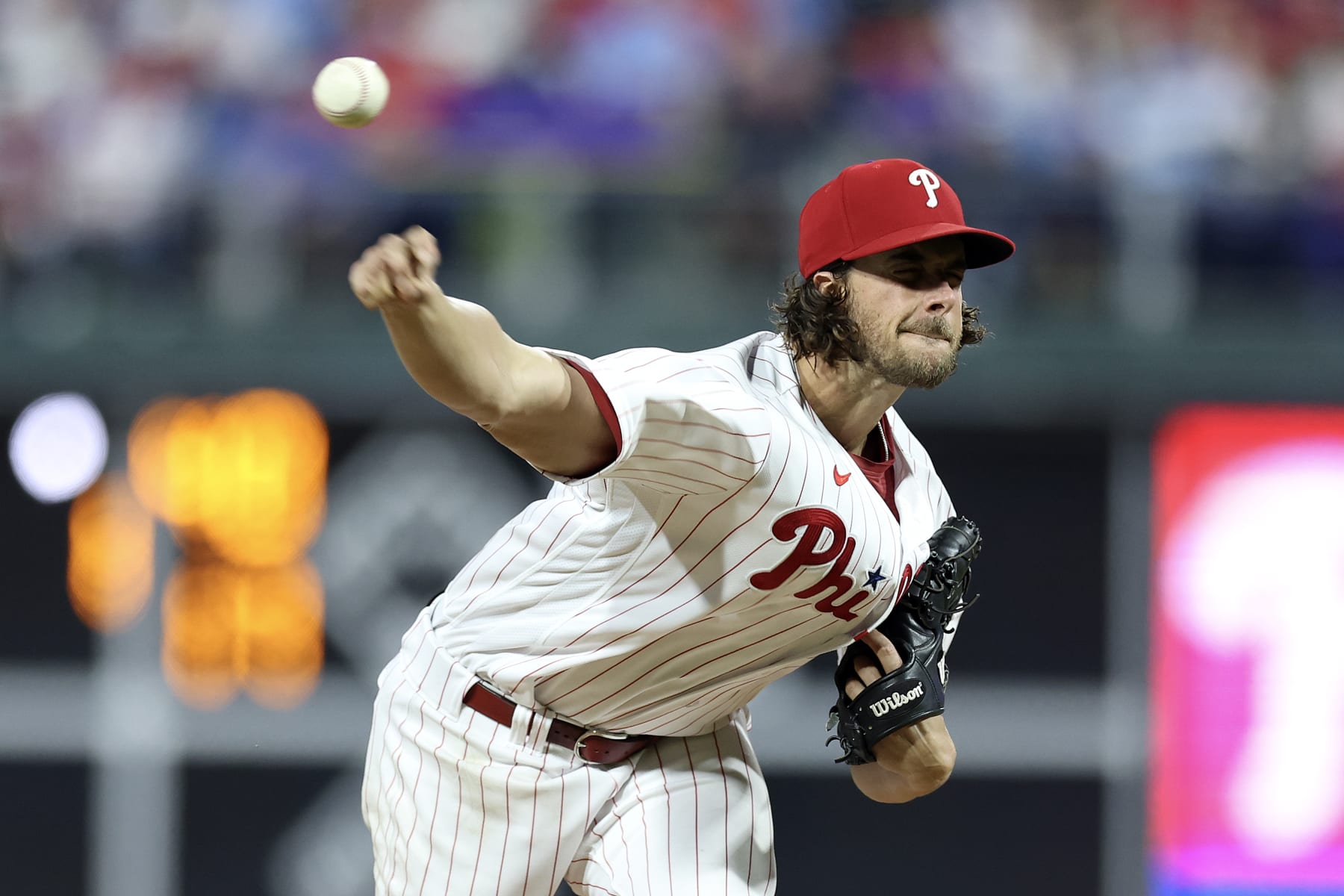 PHILADELPHIA, PENNSYLVANIA - APRIL 11: Aaron Nola #27 of the Philadelphia Phillies pitches during the fifth inning against the Miami Marlins at Citizens Bank Park on April 11, 2023 in Philadelphia, Pennsylvania. (Photo by Tim Nwachukwu/Getty Images)