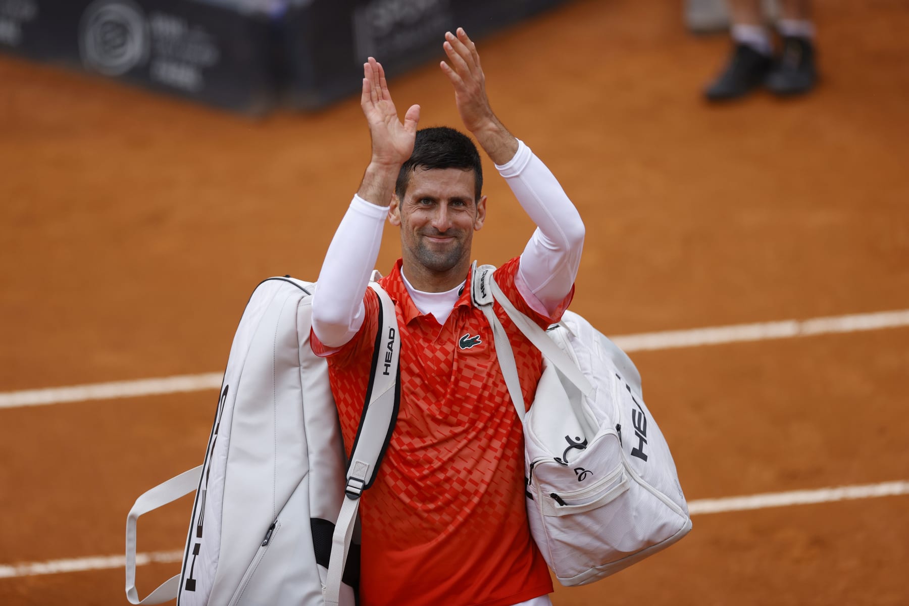 ROME, ITALY - MAY 17: Novak Djokovic of Serbia greets spectators at the end of the game after the match between Djokovic vs Rune of the Internazionali BNL D'Italia 2023 - Day Ten at Foro Italico on May 17, 2023 in Rome, Italy. (Photo by Matteo Ciambelli /DeFodi Images via Getty Images)
