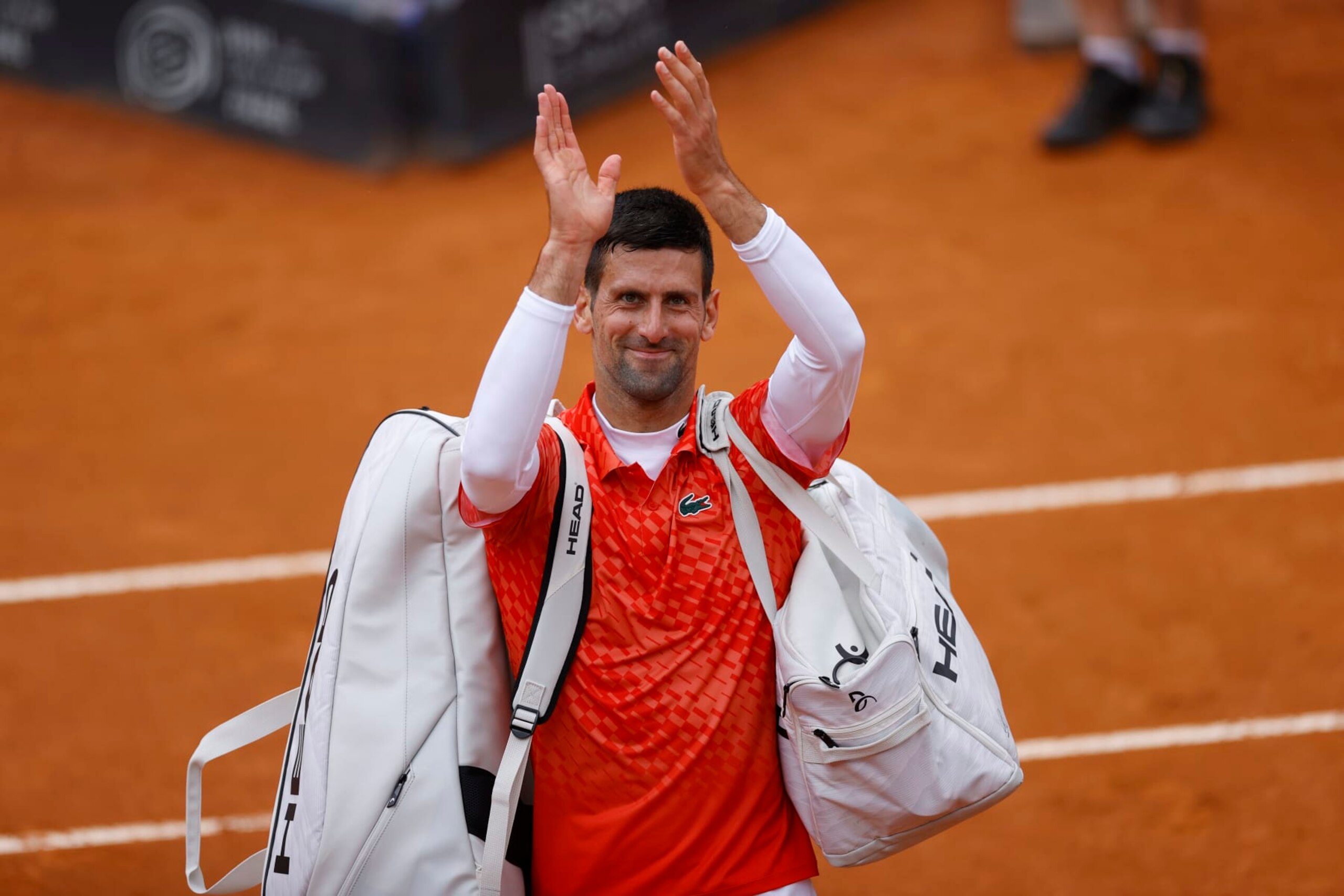 ROME, ITALY - MAY 17: Novak Djokovic of Serbia greets spectators at the end of the game after the match between Djokovic vs Rune of the Internazionali BNL D'Italia 2023 - Day Ten at Foro Italico on May 17, 2023 in Rome, Italy. (Photo by Matteo Ciambelli /DeFodi Images via Getty Images)