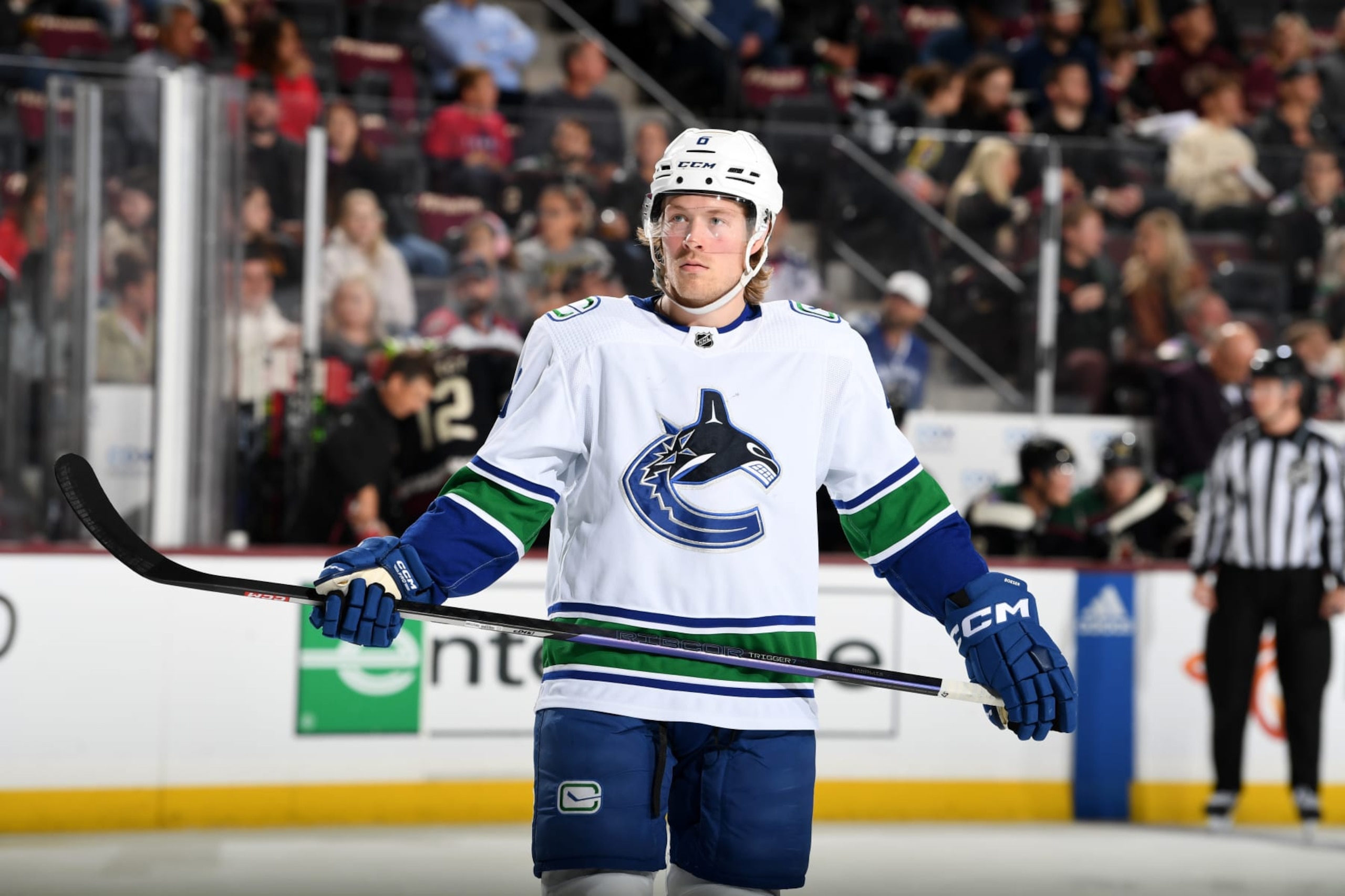 TEMPE, ARIZONA - APRIL 13: Brock Boeser #8 of the Vancouver Canucks skates up ice against the Arizona Coyotes at Mullett Arena on April 13, 2023 in Tempe, Arizona. (Photo by Norm Hall/NHLI via Getty Images) TEMPE, ARIZONA - APRIL 13: Brock Boeser #8 of the Vancouver Canucks skates up ice against the Arizona Coyotes at Mullett Arena on April 13, 2023 in Tempe, Arizona. (Photo by Norm Hall/NHLI via Getty Images)
