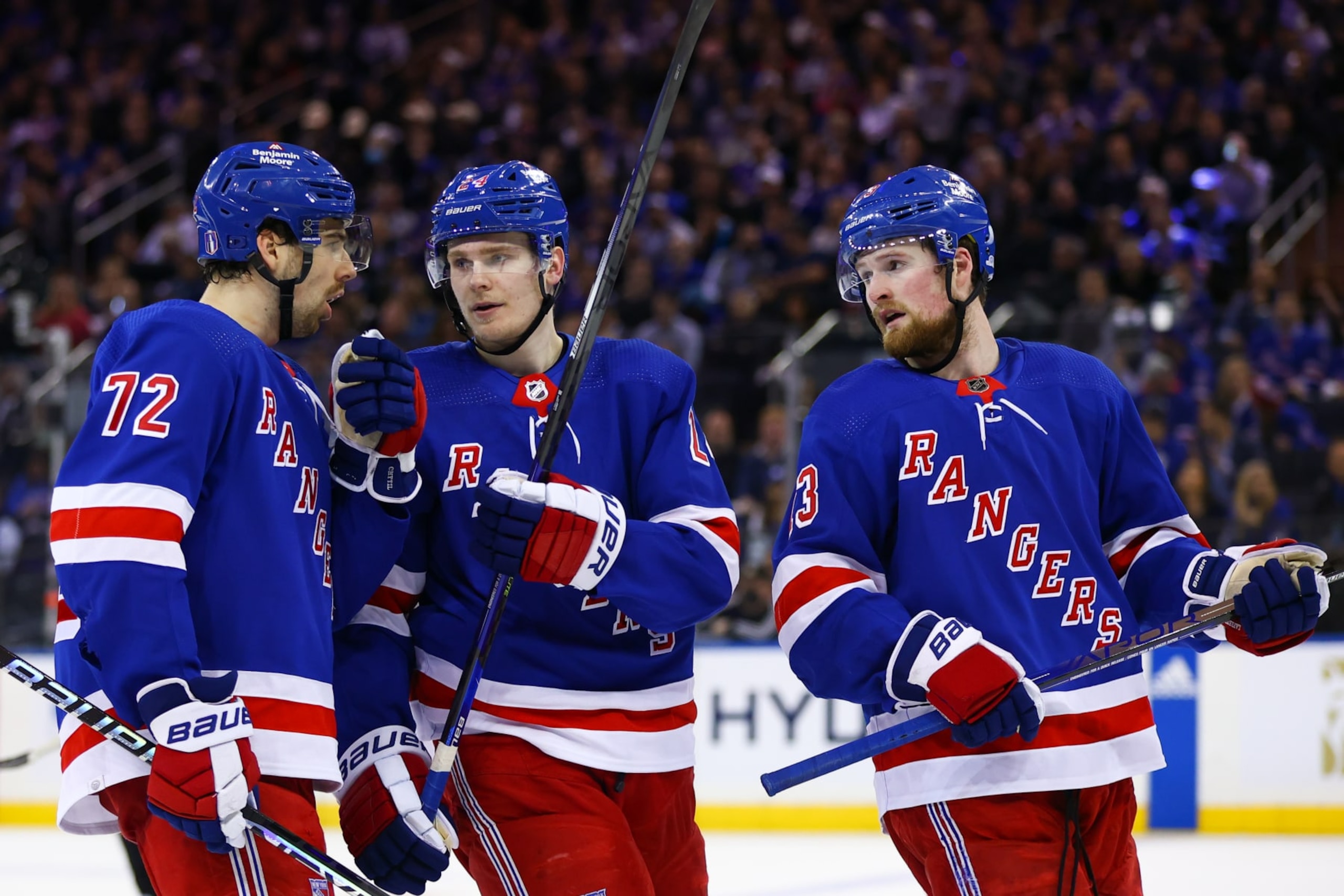 NEW YORK, NY - APRIL 24: New York Rangers Center Filip Chytil (72), New York Rangers Right Wing Kaapo Kakko (24), and New York Rangers Left Wing Alexis Lafreniere (13) are pictured during the third period of Game 4 of the National Hockey League Eastern Conference First Round between the New Jersey Devils and the New York Rangers on April 24, 2023 at Madison Square Garden in New York, NY. (Photo by Joshua Sarner/Icon Sportswire via Getty Images) NEW YORK, NY - APRIL 24: New York Rangers Center Filip Chytil (72), New York Rangers Right Wing Kaapo Kakko (24), and New York Rangers Left Wing Alexis Lafreniere (13) are pictured during the third period of Game 4 of the National Hockey League Eastern Conference First Round between the New Jersey Devils and the New York Rangers on April 24, 2023 at Madison Square Garden in New York, NY. (Photo by Joshua Sarner/Icon Sportswire via Getty Images)