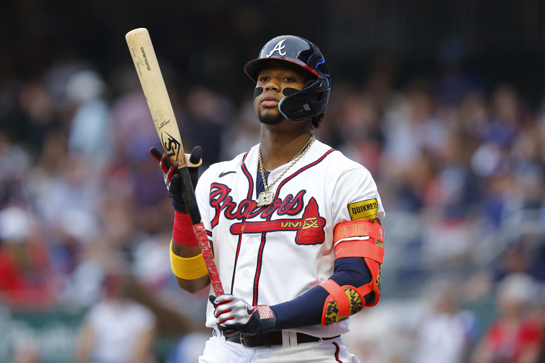 ATLANTA, GA - MAY 23: Ronald Acuna Jr. #13 of the Atlanta Braves comes to bat during the first inning against the Los Angeles Dodgers at Truist Park on May 23, 2023 in Atlanta, Georgia. (Photo by Todd Kirkland/Getty Images)