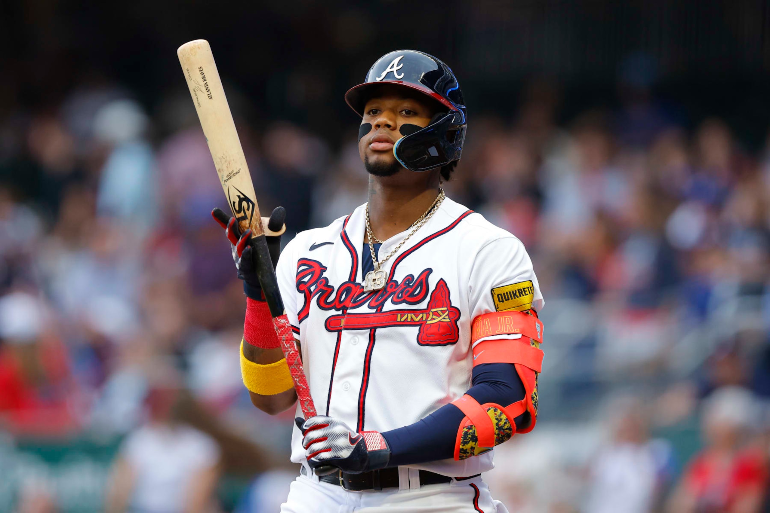 ATLANTA, GA - MAY 23: Ronald Acuna Jr. #13 of the Atlanta Braves comes to bat during the first inning against the Los Angeles Dodgers at Truist Park on May 23, 2023 in Atlanta, Georgia. (Photo by Todd Kirkland/Getty Images)