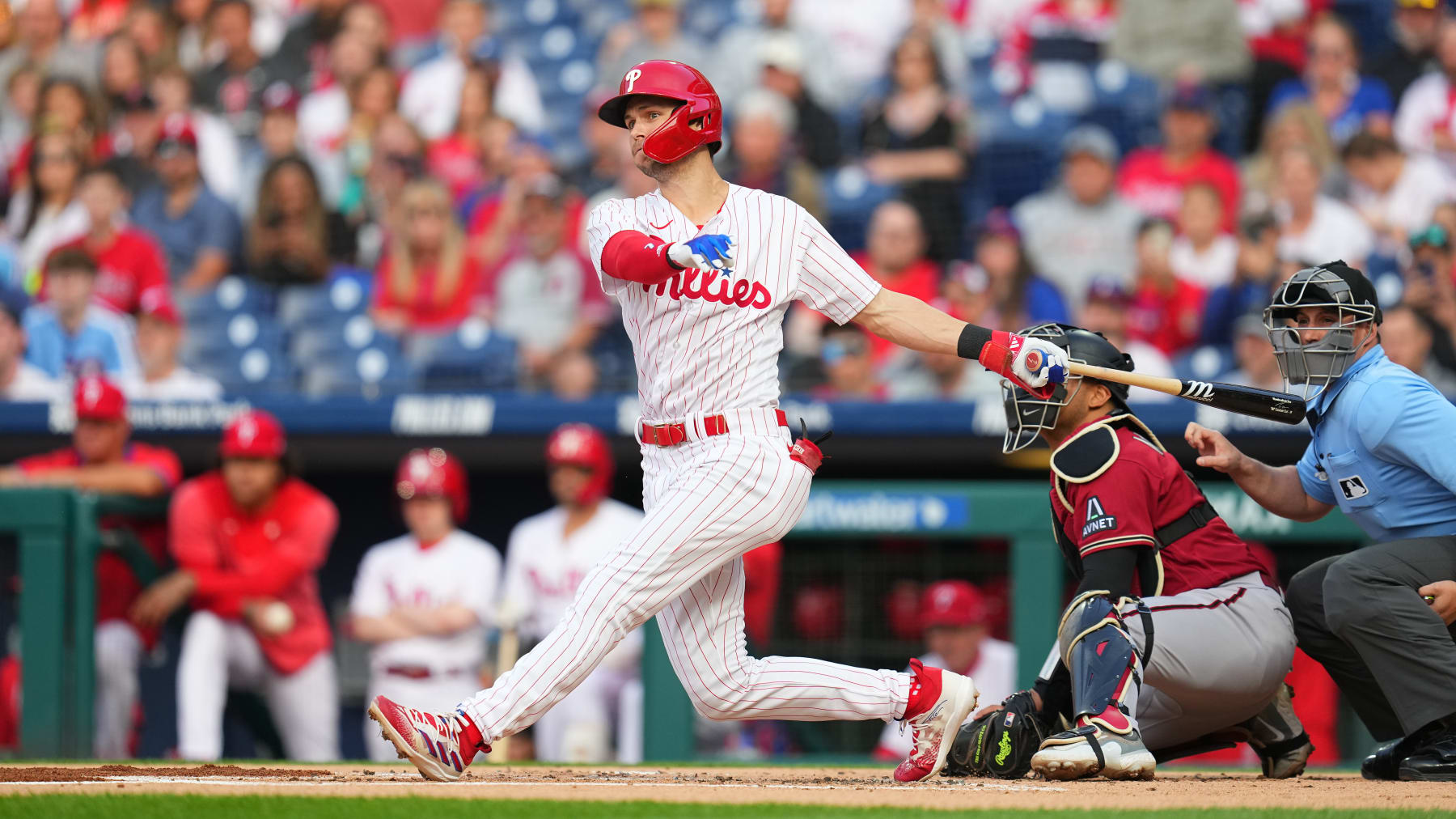 PHILADELPHIA, PA - MAY 23: Trea Turner #7 of the Philadelphia Phillies bats against the Arizona Diamondbacks at Citizens Bank Park on May 23, 2023 in Philadelphia, Pennsylvania. (Photo by Mitchell Leff/Getty Images)