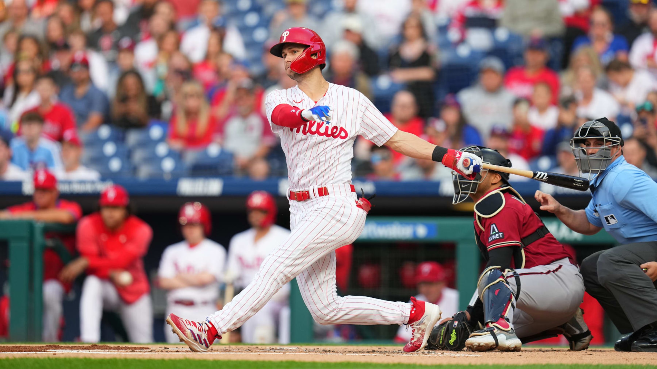 PHILADELPHIA, PA - MAY 23: Trea Turner #7 of the Philadelphia Phillies bats against the Arizona Diamondbacks at Citizens Bank Park on May 23, 2023 in Philadelphia, Pennsylvania. (Photo by Mitchell Leff/Getty Images)