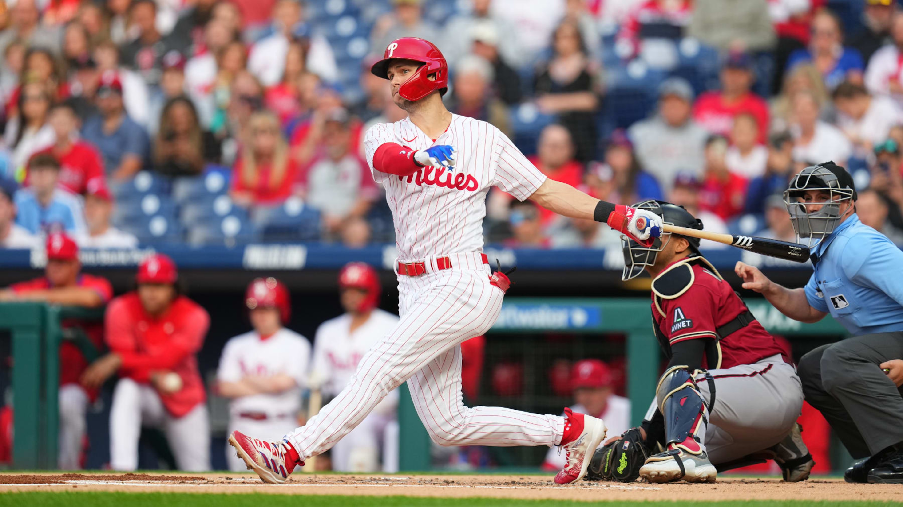 PHILADELPHIA, PA - MAY 23: Trea Turner #7 of the Philadelphia Phillies bats against the Arizona Diamondbacks at Citizens Bank Park on May 23, 2023 in Philadelphia, Pennsylvania. (Photo by Mitchell Leff/Getty Images)