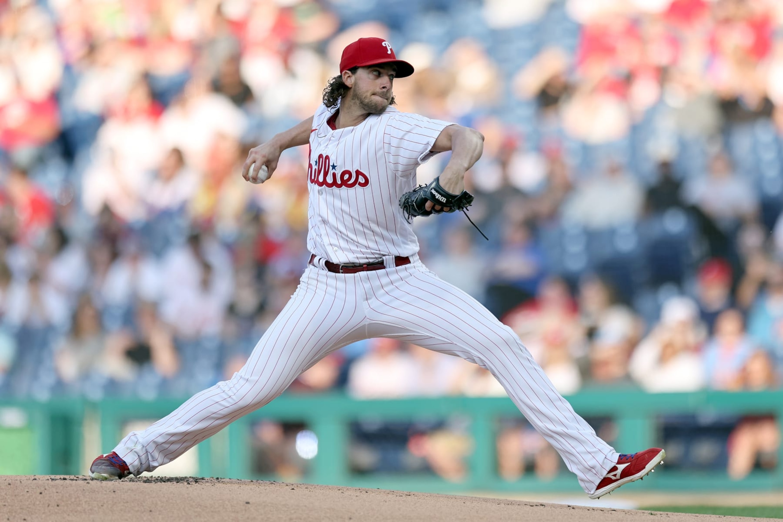 PHILADELPHIA, PENNSYLVANIA - MAY 09: Aaron Nola #27 of the Philadelphia Phillies pitches during the first inning against the Toronto Blue Jays at Citizens Bank Park on May 09, 2023 in Philadelphia, Pennsylvania. (Photo by Tim Nwachukwu/Getty Images)