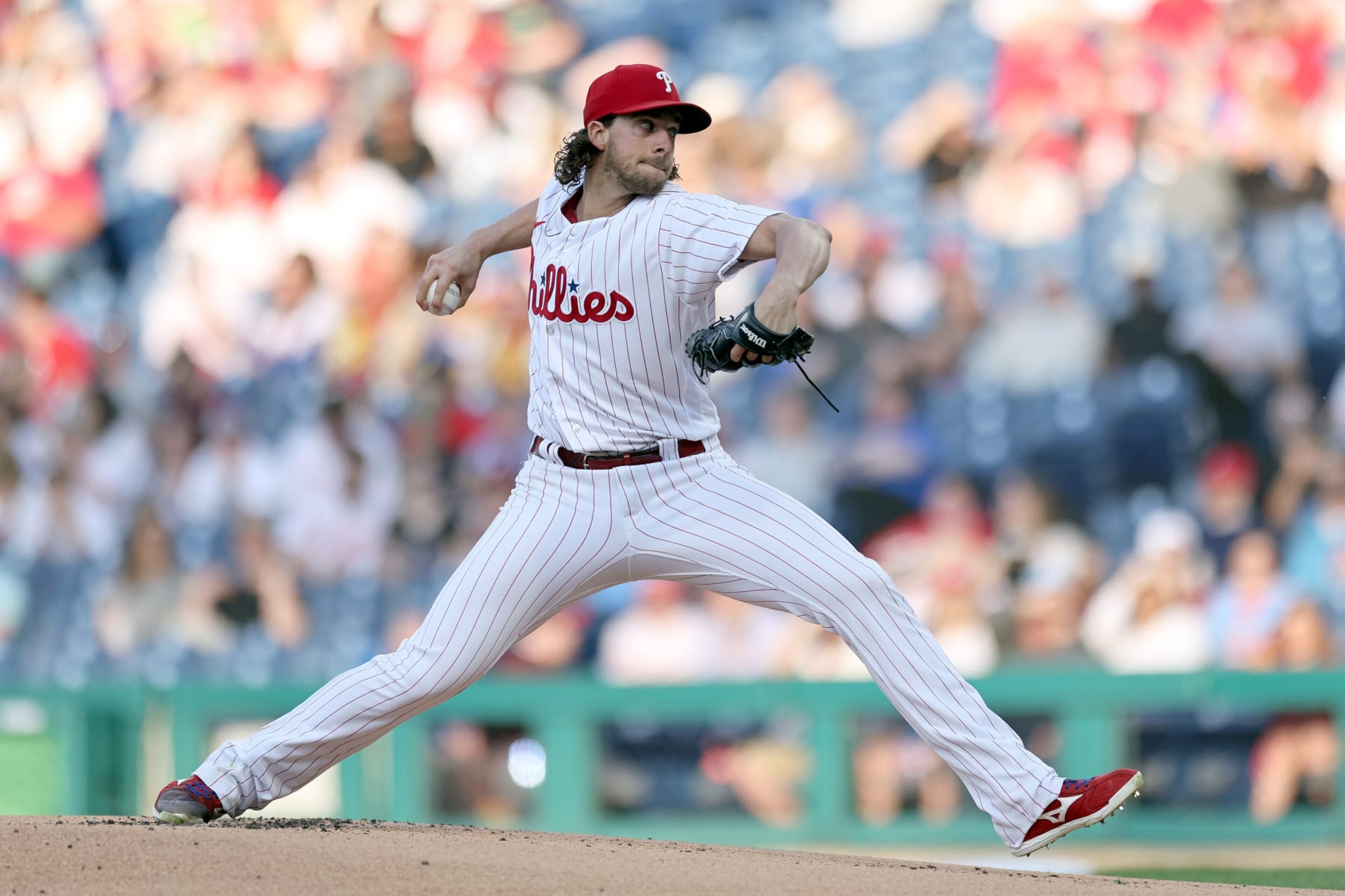 PHILADELPHIA, PENNSYLVANIA - MAY 09: Aaron Nola #27 of the Philadelphia Phillies pitches during the first inning against the Toronto Blue Jays at Citizens Bank Park on May 09, 2023 in Philadelphia, Pennsylvania. (Photo by Tim Nwachukwu/Getty Images)