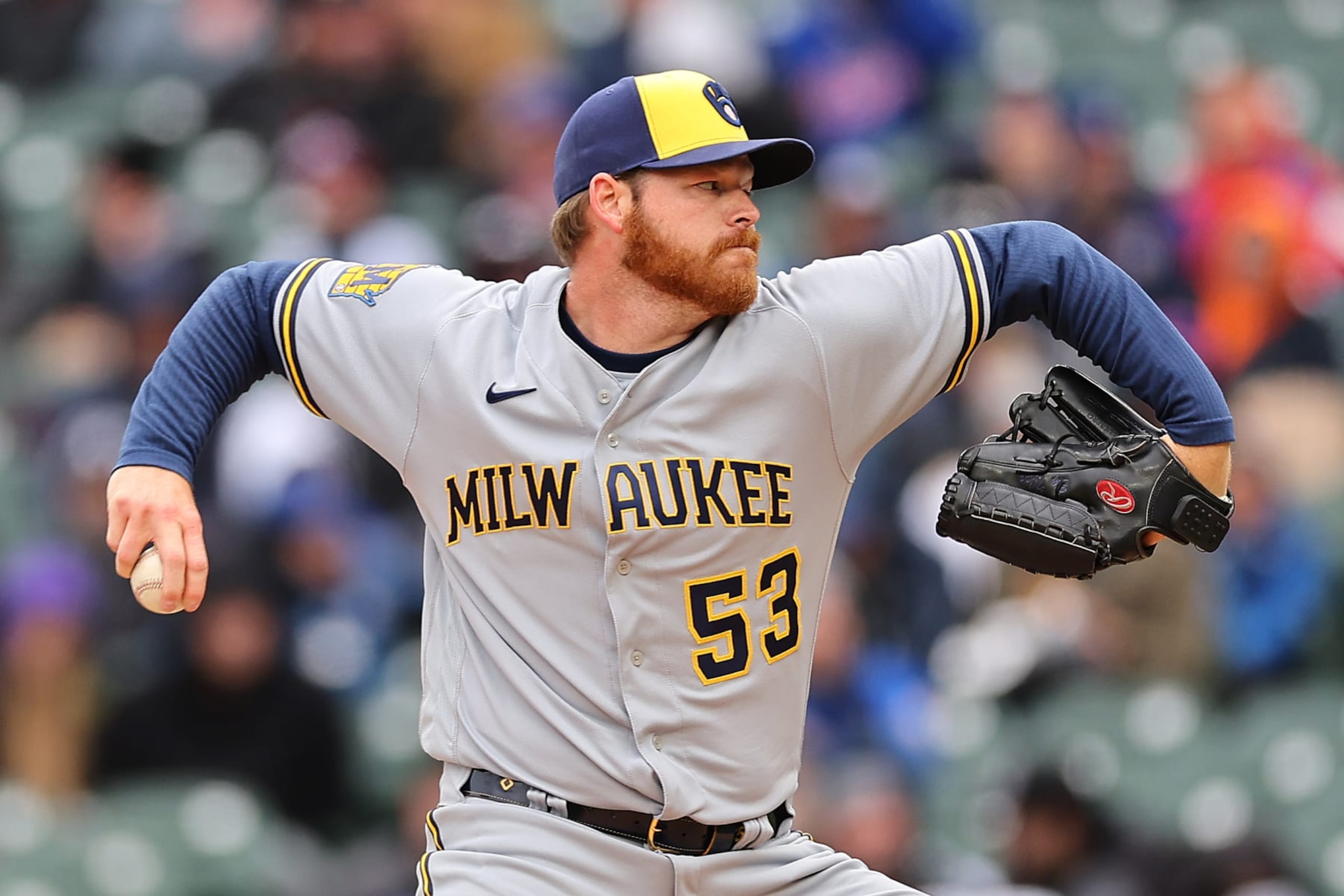 CHICAGO, ILLINOIS - APRIL 01: Brandon Woodruff #53 of the Milwaukee Brewers delivers a pitch during the fourth inning against the Chicago Cubs at Wrigley Field on April 01, 2023 in Chicago, Illinois. (Photo by Michael Reaves/Getty Images)