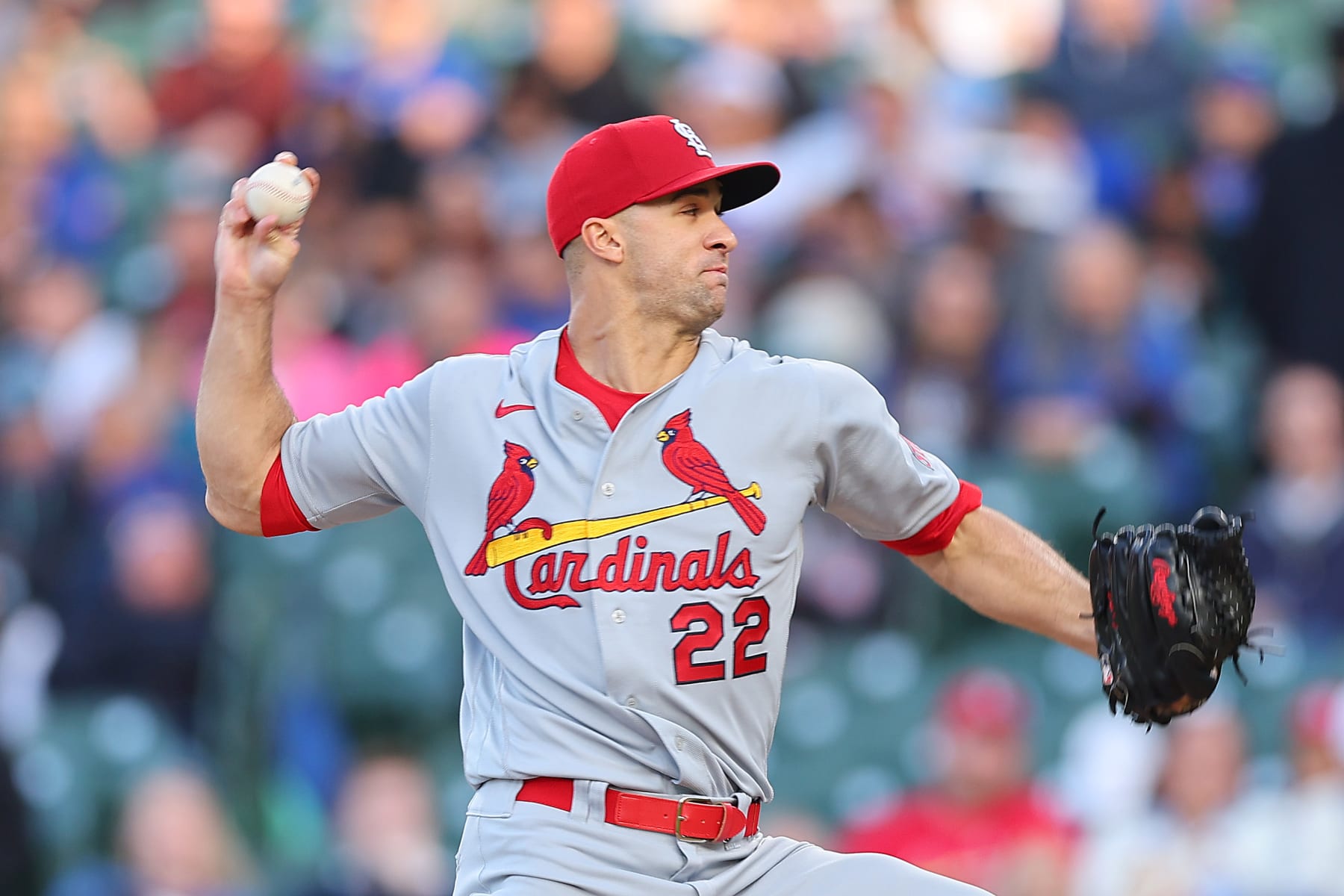 CHICAGO, ILLINOIS - MAY 09: Jack Flaherty #22 of the St. Louis Cardinals delivers a pitch against the Chicago Cubs during the first inning at Wrigley Field on May 09, 2023 in Chicago, Illinois. (Photo by Michael Reaves/Getty Images)
