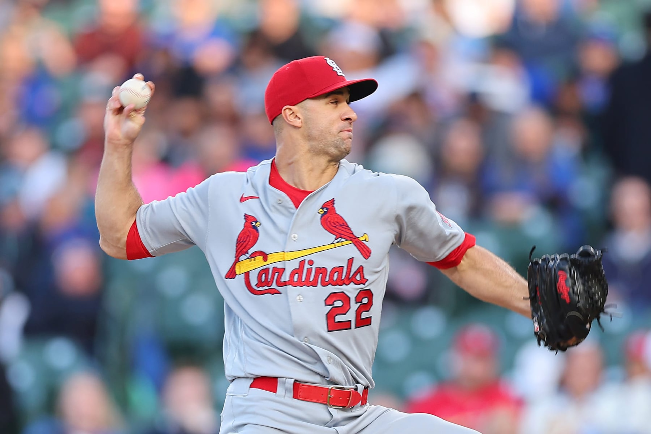 CHICAGO, ILLINOIS - MAY 09: Jack Flaherty #22 of the St. Louis Cardinals delivers a pitch against the Chicago Cubs during the first inning at Wrigley Field on May 09, 2023 in Chicago, Illinois. (Photo by Michael Reaves/Getty Images)