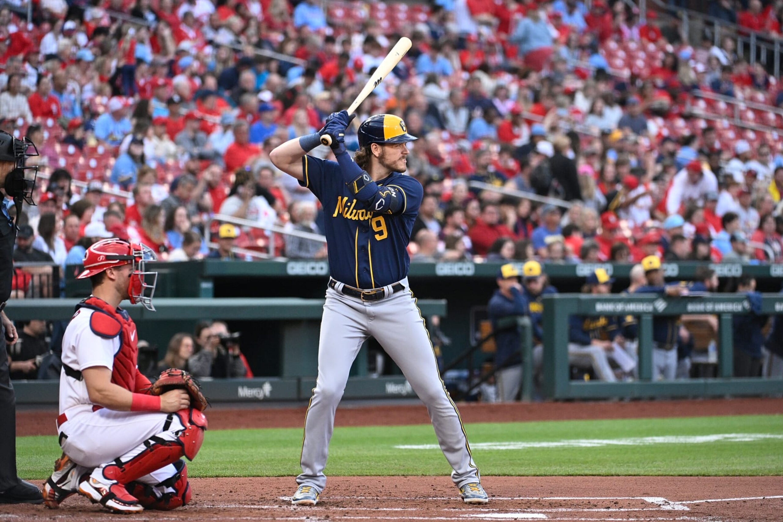 ST LOUIS, MO - MAY 16: Brian Anderson #9 of the Milwaukee Brewers at bat against the St. Louis Cardinals at Busch Stadium on May 16, 2023 in St Louis, Missouri. (Photo by Joe Puetz/Getty Images)
