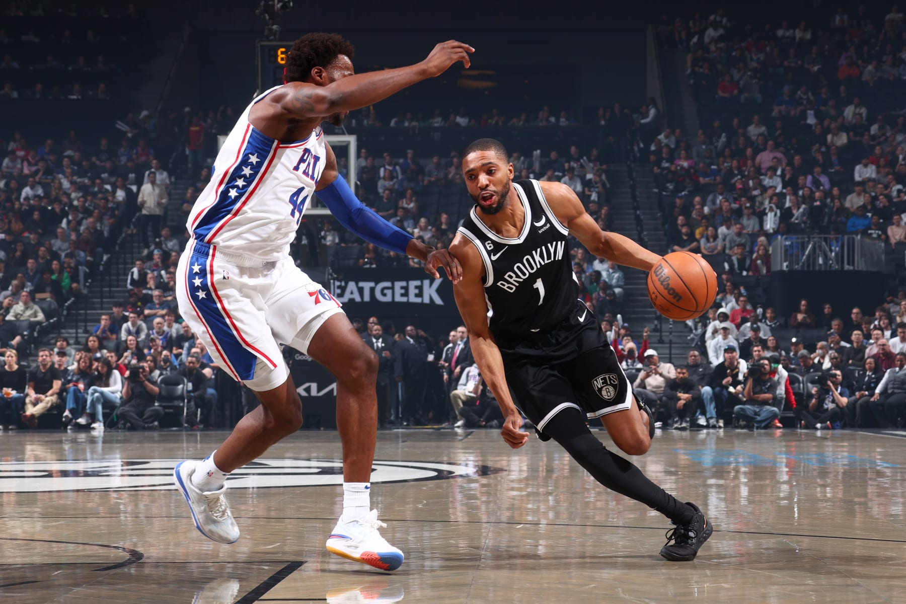 BROOKLYN, NY - APRIL 22: Mikal Bridges #1 of the Brooklyn Nets dribbles the ball during the game against the Philadelphia 76ers during Round 1 Game 4 of the 2023 NBA Playoffs on April 22, 2023 at Barclays Center in Brooklyn, New York. NOTE TO USER: User expressly acknowledges and agrees that, by downloading and or using this Photograph, user is consenting to the terms and conditions of the Getty Images License Agreement. Mandatory Copyright Notice: Copyright 2023 NBAE (Photo by Nathaniel S. Butler/NBAE via Getty Images)