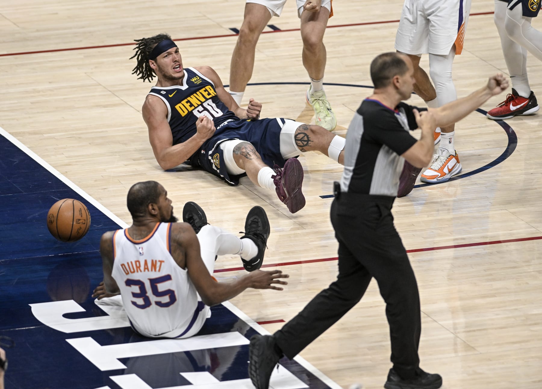 DENVER, CO - MAY 1: Aaron Gordon (50) of the Denver Nuggets erupts after getting called for charging Kevin Durant (35) of the Phoenix Suns during the fourth quarter of the Nuggets 87-97 win at Ball Arena in Denver on Monday, May 1, 2023. The Nuggets took a 2-0 lead in the best-of-seven Western Conference semifinal series. (Photo by AAron Ontiveroz/MediaNews Group/The Denver Post via Getty Images)