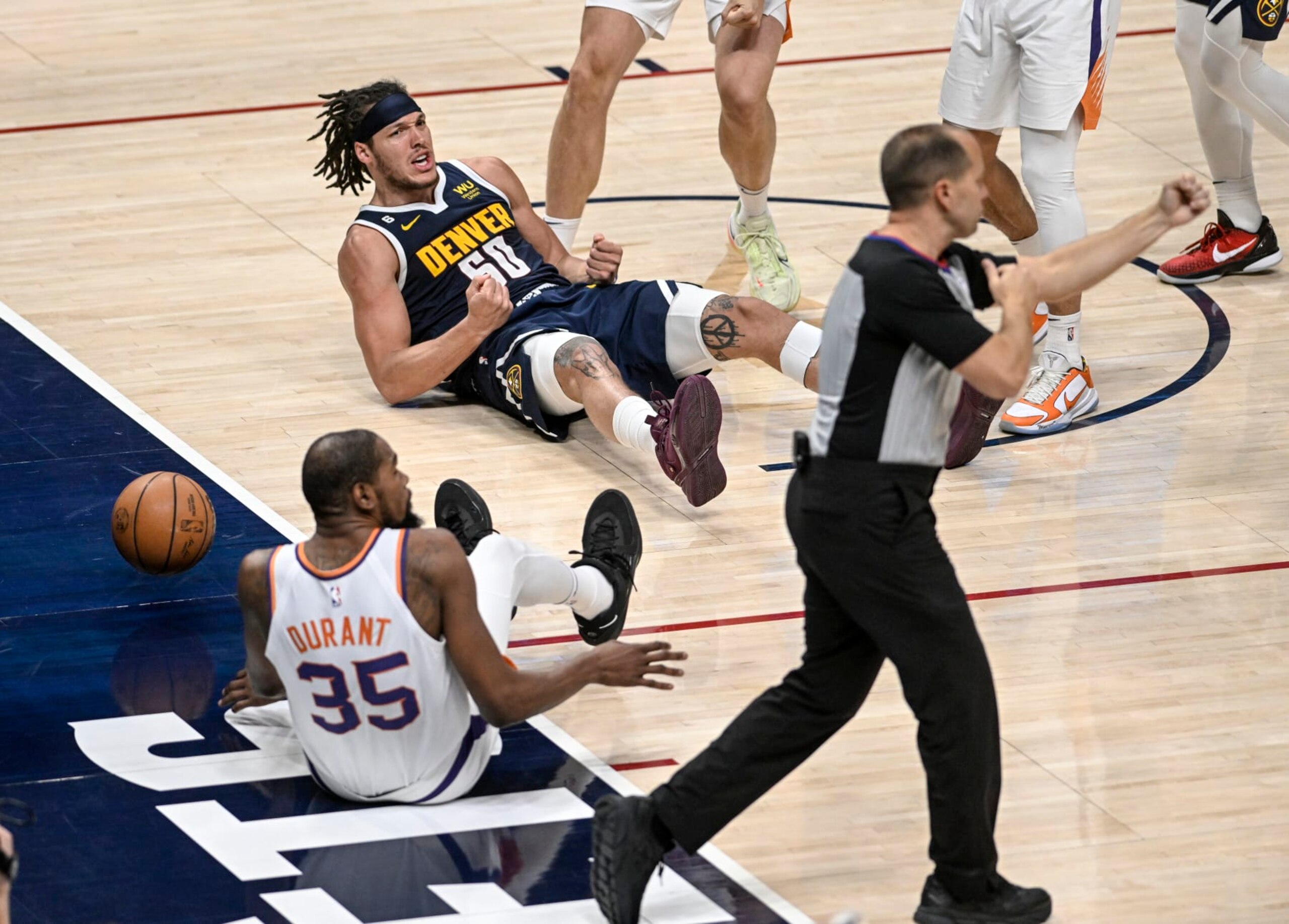 DENVER, CO - MAY 1: Aaron Gordon (50) of the Denver Nuggets erupts after getting called for charging Kevin Durant (35) of the Phoenix Suns during the fourth quarter of the Nuggets 87-97 win at Ball Arena in Denver on Monday, May 1, 2023. The Nuggets took a 2-0 lead in the best-of-seven Western Conference semifinal series. (Photo by AAron Ontiveroz/MediaNews Group/The Denver Post via Getty Images) DENVER, CO - MAY 1: Aaron Gordon (50) of the Denver Nuggets erupts after getting called for charging Kevin Durant (35) of the Phoenix Suns during the fourth quarter of the Nuggets 87-97 win at Ball Arena in Denver on Monday, May 1, 2023. The Nuggets took a 2-0 lead in the best-of-seven Western Conference semifinal series. (Photo by AAron Ontiveroz/MediaNews Group/The Denver Post via Getty Images)