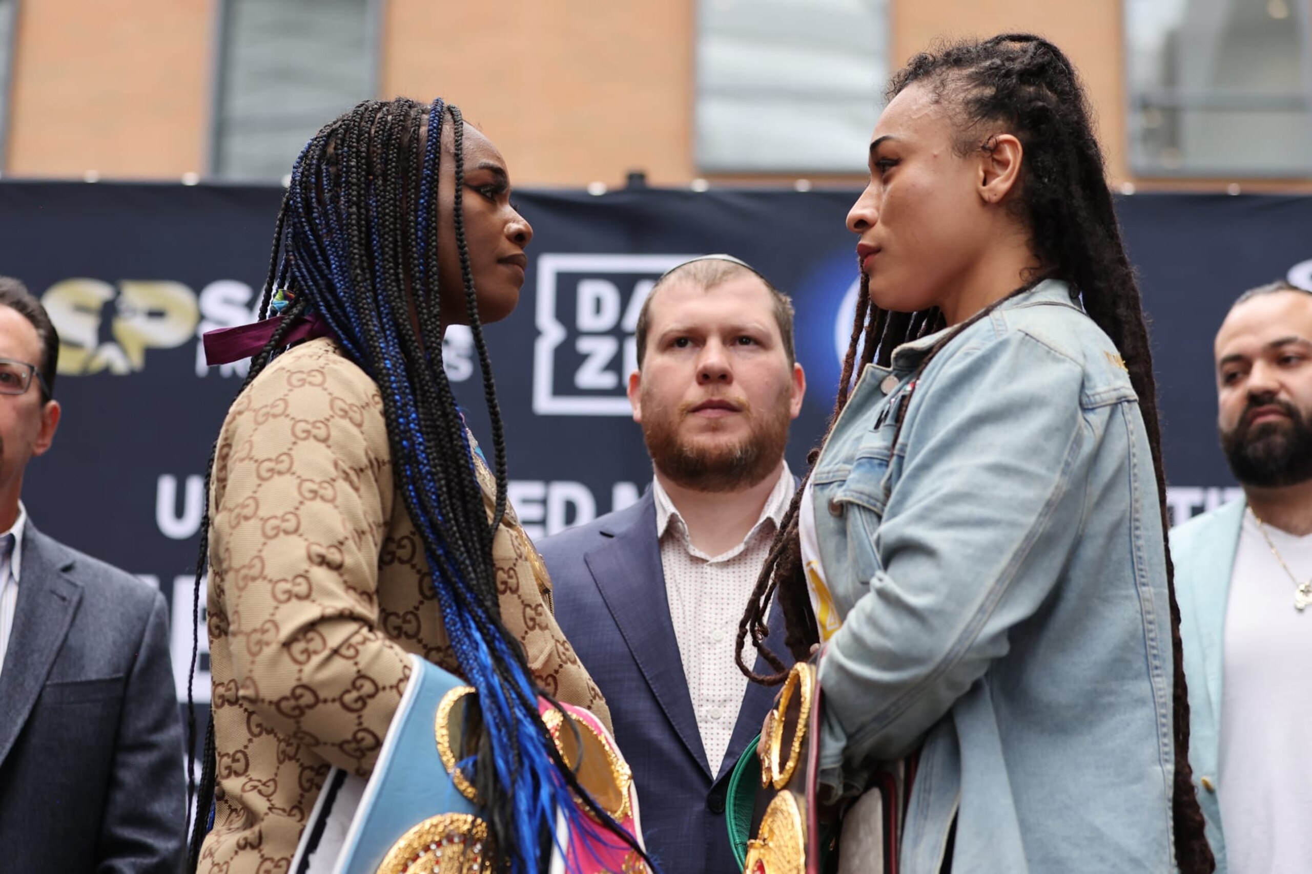 DETROIT, MICHIGAN - APRIL 18: Claressa Shields (L) and Hanna Gabriels of Costa Rica face off during a press conference on April 18, 2023 in Detroit, Michigan. Shields and Gabriels attended to promote their June 3, 2023 fight at Little Caesars Arena. (Photo by Gregory Shamus/Getty Images)