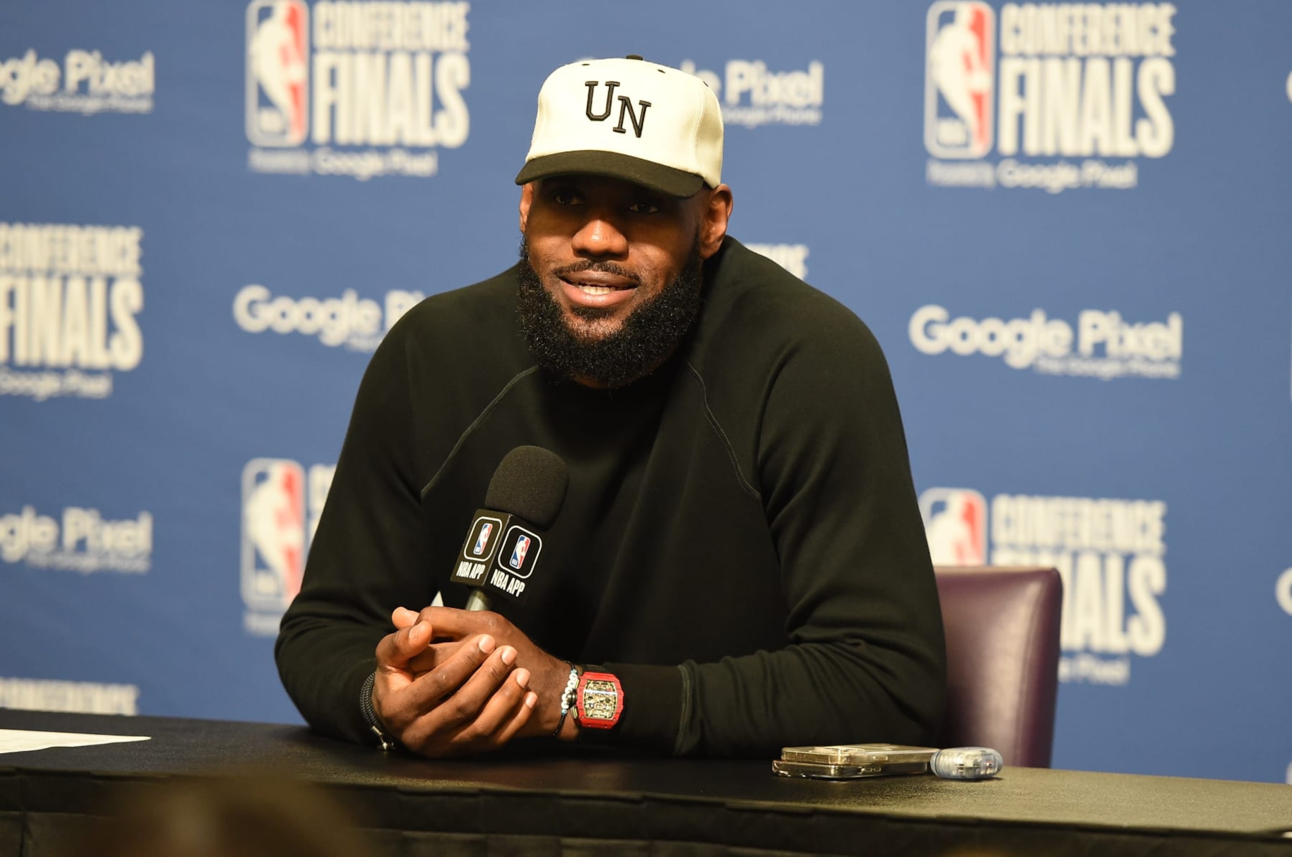 LOS ANGELES, CA - MAY 22: LeBron James #6 of the Los Angeles Lakers speaks to the media after Round 3 Game 4 of the Western Conference Finals 2023 NBA Playoffs against the Denver Nuggets on May 22, 2023 at Crypto.Com Arena in Los Angeles, California. NOTE TO USER: User expressly acknowledges and agrees that, by downloading and/or using this Photograph, user is consenting to the terms and conditions of the Getty Images License Agreement. Mandatory Copyright Notice: Copyright 2023 NBAE (Photo by Andrew D. Bernstein/NBAE via Getty Images)