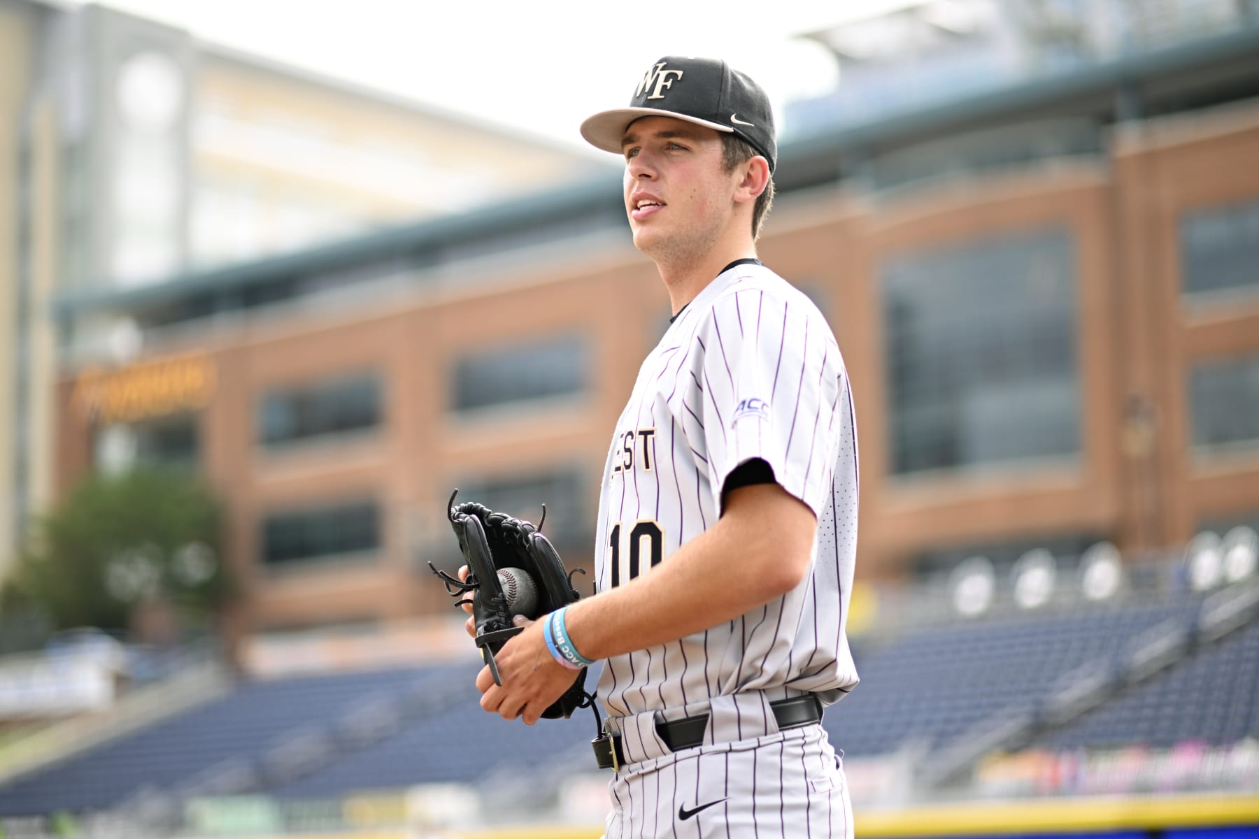 DURHAM, NORTH CAROLINA - MAY 25: Ben Shenosky #10 of the Wake Forest Demon Deacons stands on the field during warm ups before their game against the Pittsburgh Panthers during the ACC Baseball Championship at Durham Bulls Athletic Park on May 25, 2023 in Durham, North Carolina. (Photo by Eakin Howard/Getty Images)