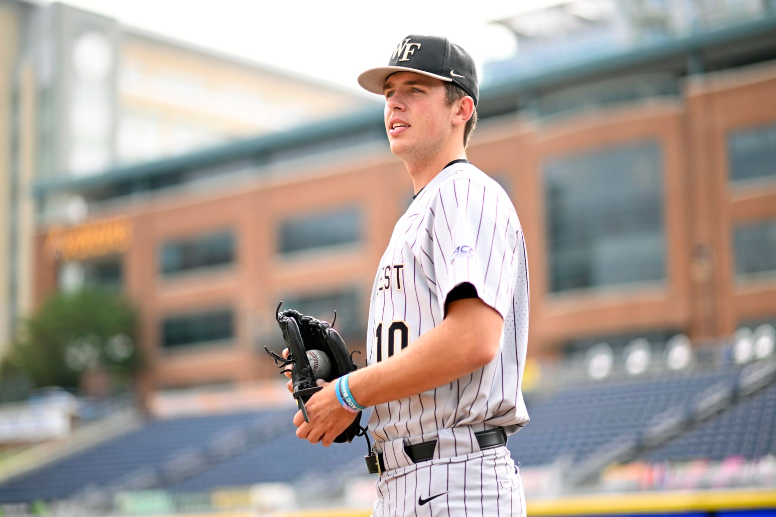 DURHAM, NORTH CAROLINA - MAY 25: Ben Shenosky #10 of the Wake Forest Demon Deacons stands on the field during warm ups before their game against the Pittsburgh Panthers during the ACC Baseball Championship at Durham Bulls Athletic Park on May 25, 2023 in Durham, North Carolina. (Photo by Eakin Howard/Getty Images)