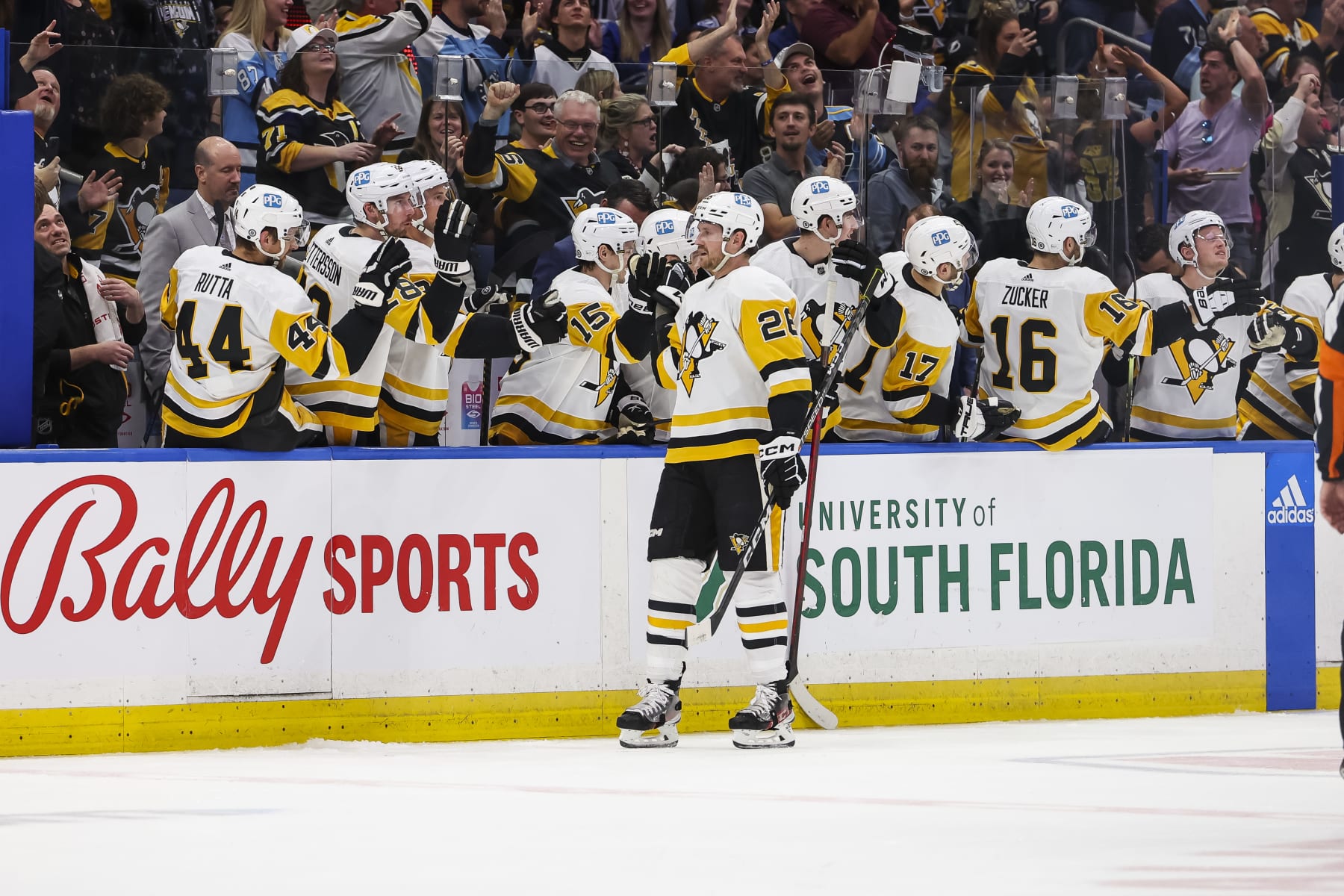 TAMPA, FL - MARCH 2: Jeff Petry #26 of the Pittsburgh Penguins celebrates a goal with teammates against the Tampa Bay Lightning during the second period at Amalie Arena on March 2, 2023 in Tampa, Florida. (Photo by Mark LoMoglio/NHLI via Getty Images) TAMPA, FL - MARCH 2: Jeff Petry #26 of the Pittsburgh Penguins celebrates a goal with teammates against the Tampa Bay Lightning during the second period at Amalie Arena on March 2, 2023 in Tampa, Florida. (Photo by Mark LoMoglio/NHLI via Getty Images)