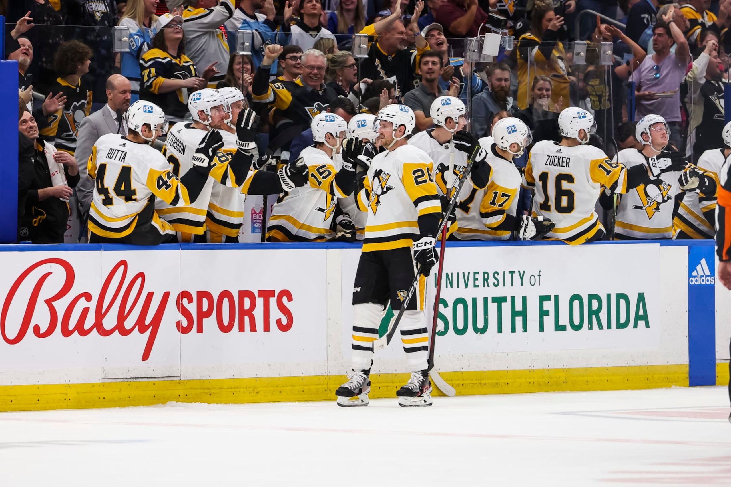 TAMPA, FL - MARCH 2: Jeff Petry #26 of the Pittsburgh Penguins celebrates a goal with teammates against the Tampa Bay Lightning during the second period at Amalie Arena on March 2, 2023 in Tampa, Florida. (Photo by Mark LoMoglio/NHLI via Getty Images) TAMPA, FL - MARCH 2: Jeff Petry #26 of the Pittsburgh Penguins celebrates a goal with teammates against the Tampa Bay Lightning during the second period at Amalie Arena on March 2, 2023 in Tampa, Florida. (Photo by Mark LoMoglio/NHLI via Getty Images)