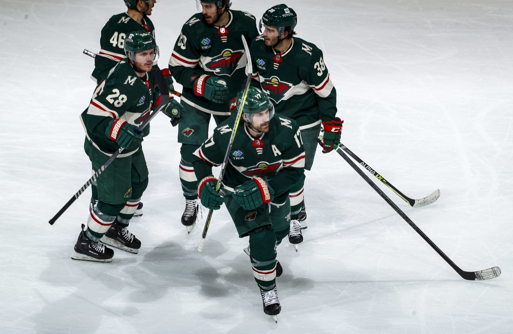 ST PAUL, MN - APRIL 21: Marcus Foligno #17 of the Minnesota Wild huddles with teammates after scoring a goal in the second period of Game Three of the First Round of the 2023 Stanley Cup Playoffs against the Dallas Stars at Xcel Energy Center on April 21, 2023 in St Paul, Minnesota. (Photo by Bruce Kluckhohn/NHLI via Getty Images) ST PAUL, MN - APRIL 21: Marcus Foligno #17 of the Minnesota Wild huddles with teammates after scoring a goal in the second period of Game Three of the First Round of the 2023 Stanley Cup Playoffs against the Dallas Stars at Xcel Energy Center on April 21, 2023 in St Paul, Minnesota. (Photo by Bruce Kluckhohn/NHLI via Getty Images)