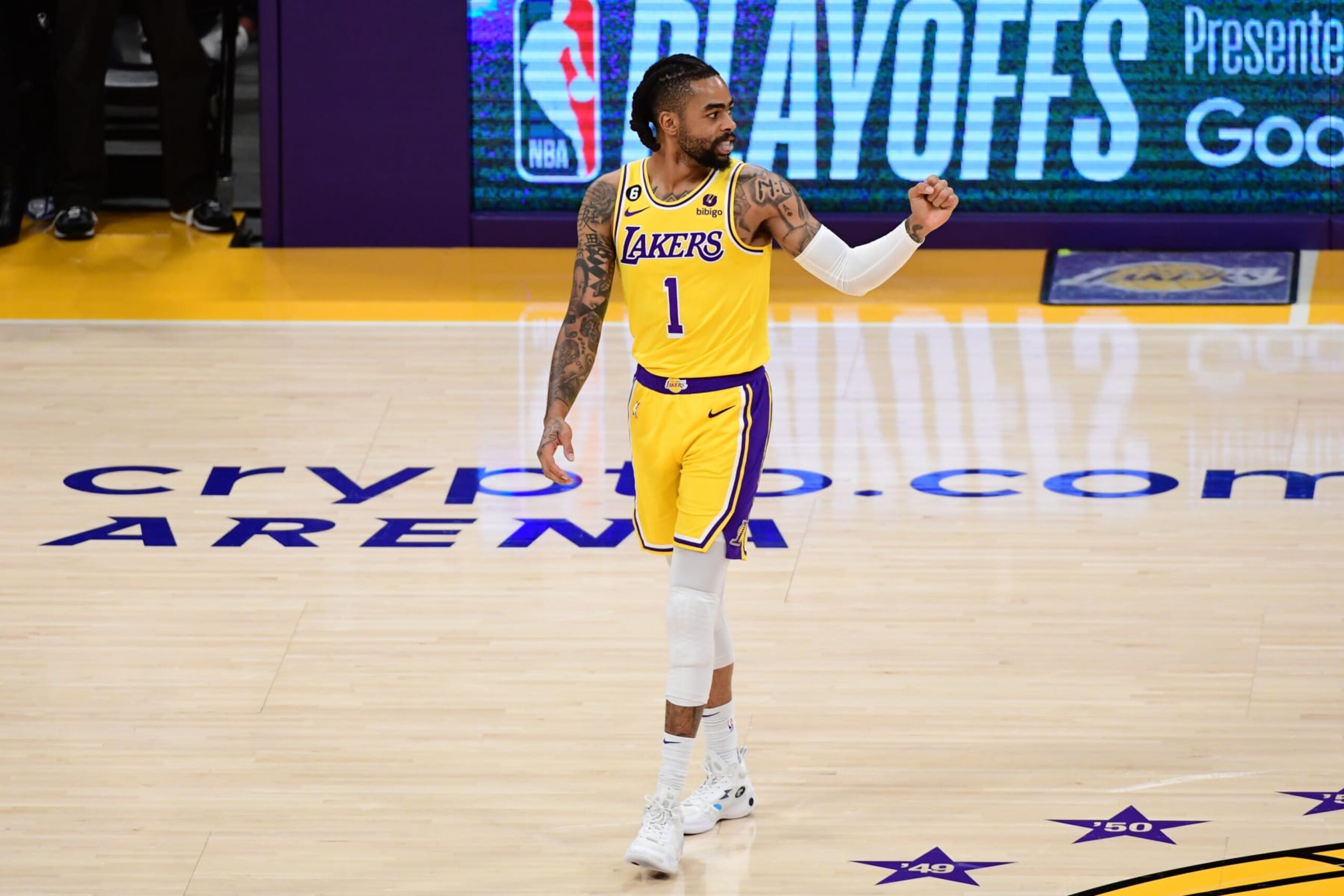 LOS ANGELES, CA - MAY 12: D'Angelo Russell #1 of the Los Angeles Lakers celebrates during the game against the Golden State Warriors during the Western Conference Semi-Finals of the 2023 NBA Playoffs on May 12, 2023 at Crypto.Com Arena in Los Angeles, California. NOTE TO USER: User expressly acknowledges and agrees that, by downloading and/or using this Photograph, user is consenting to the terms and conditions of the Getty Images License Agreement. Mandatory Copyright Notice: Copyright 2023 NBAE (Photo by Adam Pantozzi/NBAE via Getty Images)