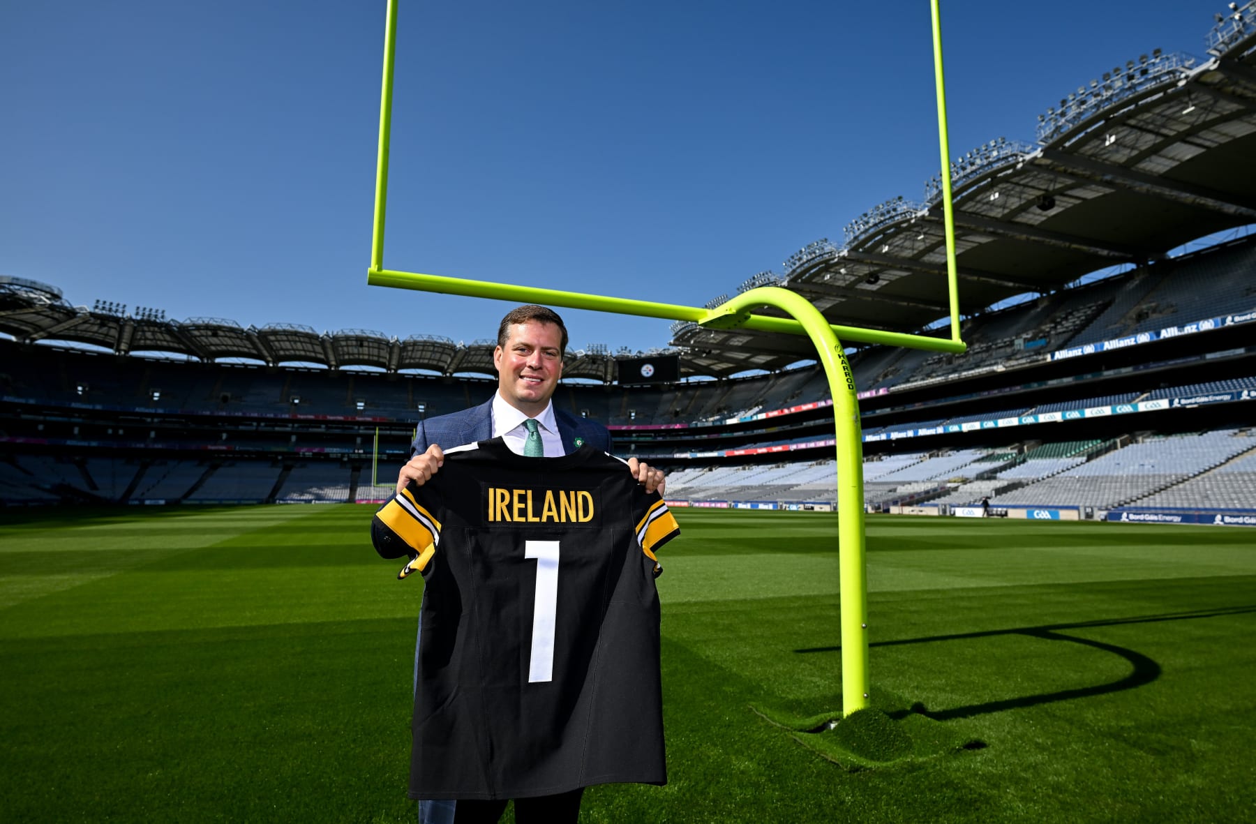 Dublin , Ireland - 25 May 2023; The Pittsburgh Steelers made a welcome return to Croke Park today, where they played in the first ever NFL game in Ireland in 1997. The Steelers plan to grow their fanbase and the game of American Football in Ireland as part of the NFL's 'Global Markets Program'.Pictured is Pittsburgh Steelers Director of Business Development & Strategy Daniel Rooney. (Photo By Brendan Moran/Sportsfile via Getty Images)